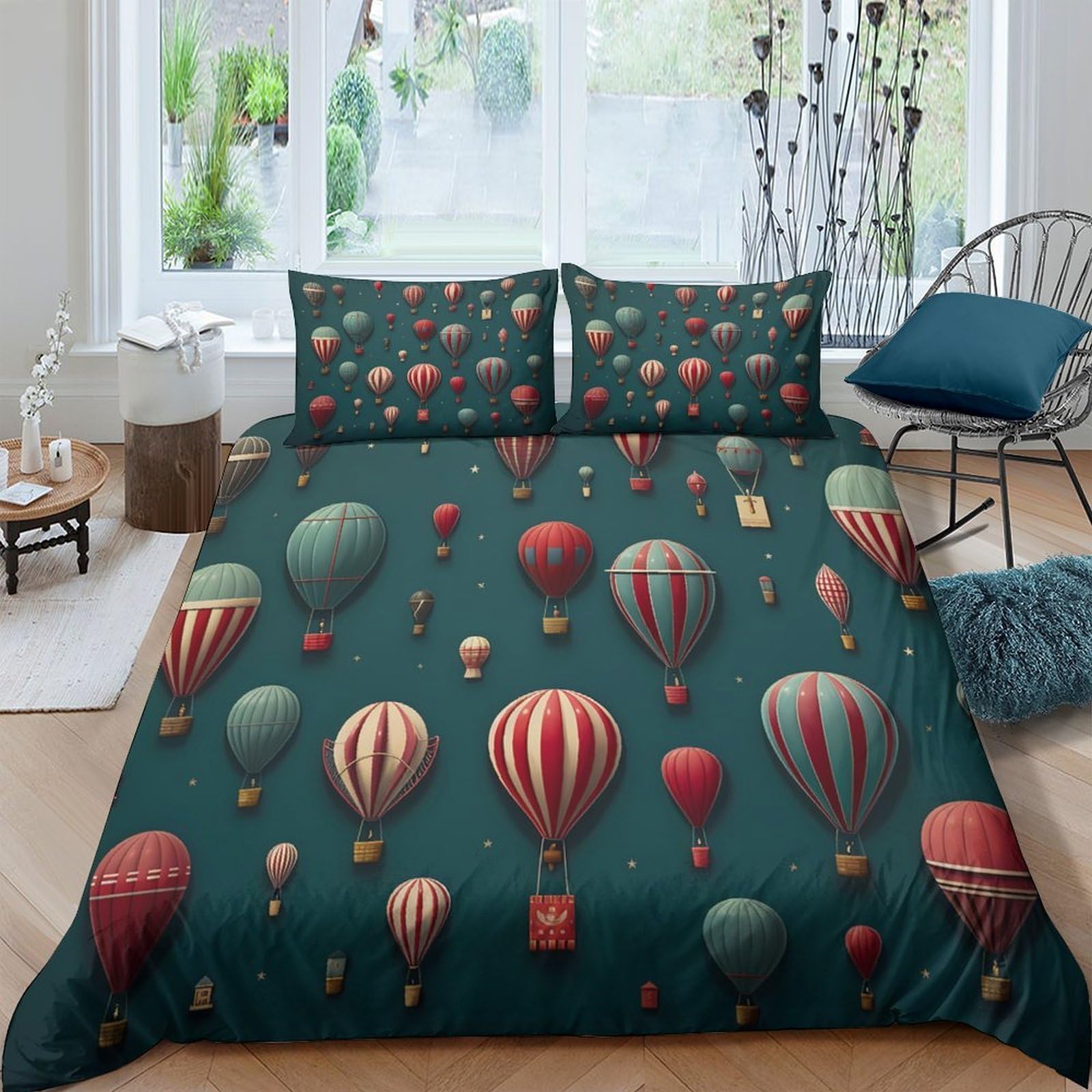 TUFRTGYHN 3D Printed Hot Air Balloon Duvet Cover Set Microfiber Soft Breathable Green Bedding Set with 2 Pillowcases for Bedroom Decor Single（135x200cm）