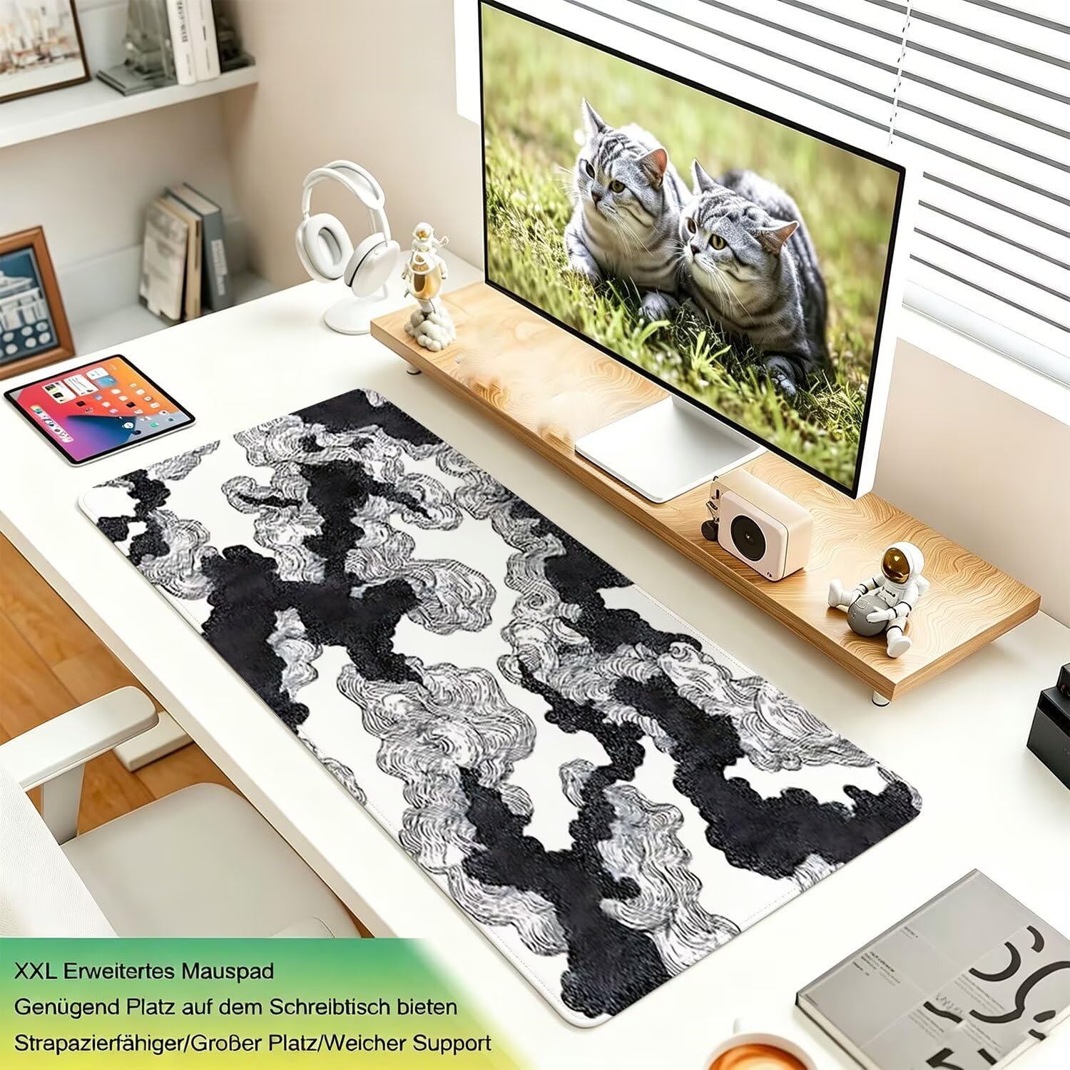 Tappetino Mouse Gaming XXL, 1200x600x4mm bianco nero nuvola 0x0-217 | Tappetino Scrivania con Base in Gomma Antiscivolo Bordi Cuciti per Computer, PC, Migliora la Precisione e la Velocità