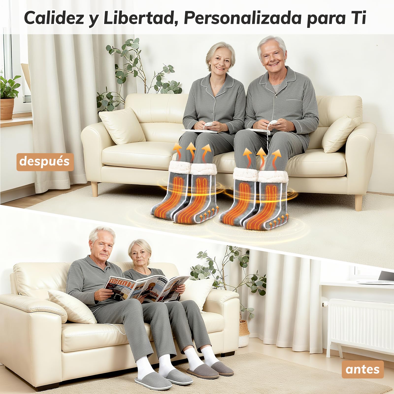 Calentador de Pies Separado para Mujeres Hombres, Calienta pies Electrico con Cobertura de Pantorrilla 6 Temperaturas 4 Temporizadores, Zapatillas Calefactables con Forro Lavable