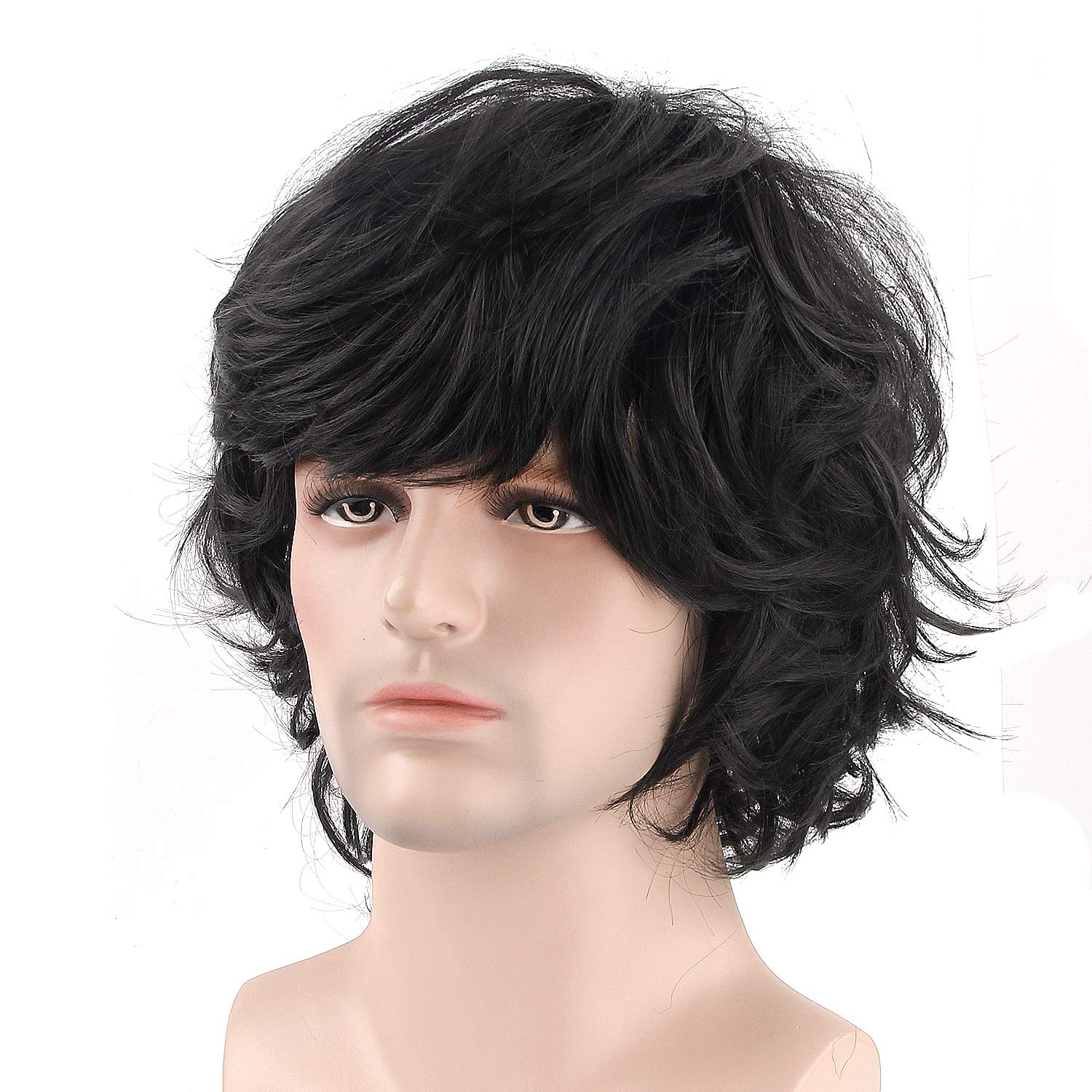 Acecharming Men Black Wig, Short Wavy Shaggy Style Layered Wig for Halloween Costumes Cosplay with Wig Cap
