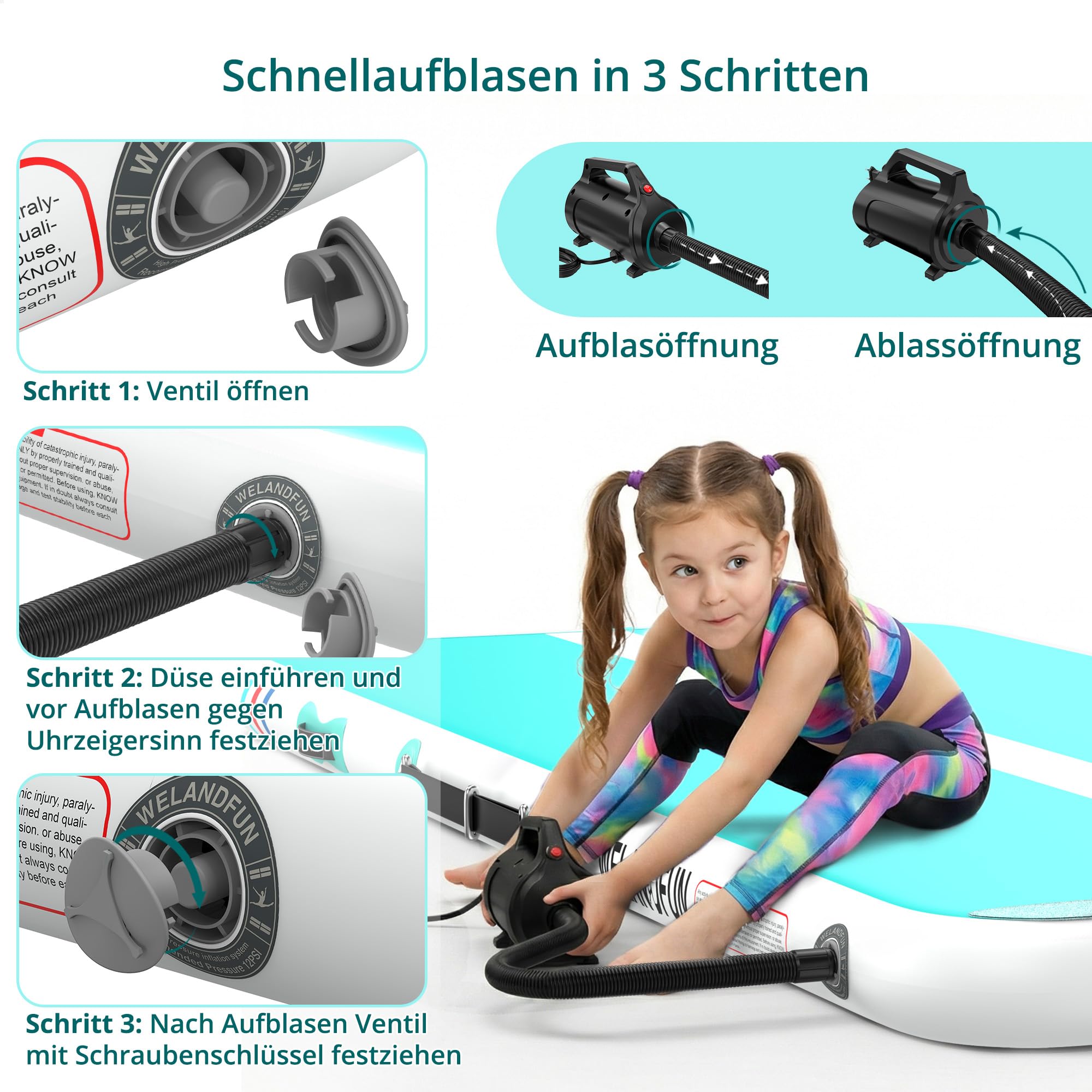 Air Matte Track Turnmatte Aufblasbar 15 / 20cm mit Luftpumpe, 3/4 / 5 / 6m Gymnastikmatte Tumbling Matten, Trainingsmatte für Yoga/Zuhause/Taumel/Turnhalle