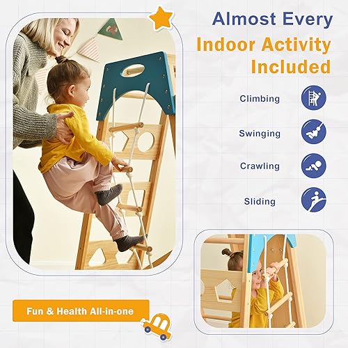 Miniatura 4 de Merax Parque infantil 10 en 1, juego de escalada de madera para niños, gimnasio de selva interior con tobogán, pared de escalada en roca, escalador