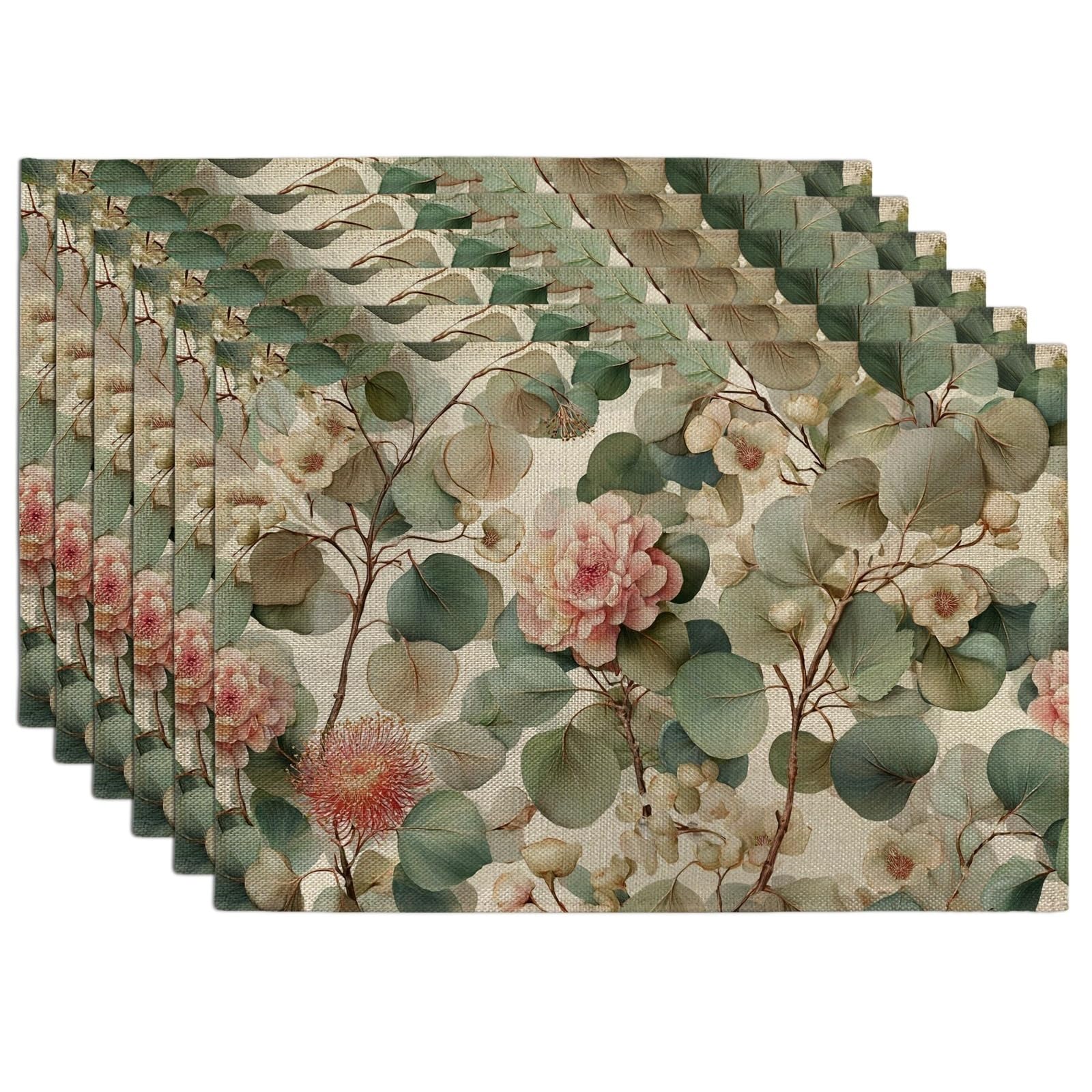 Spring Floral Eucalyptus Placemats, Peach Green Botanical Table Mats for Dining, Non-Slip Washable Indoor Outdoor Decorative Placemats Set of 6