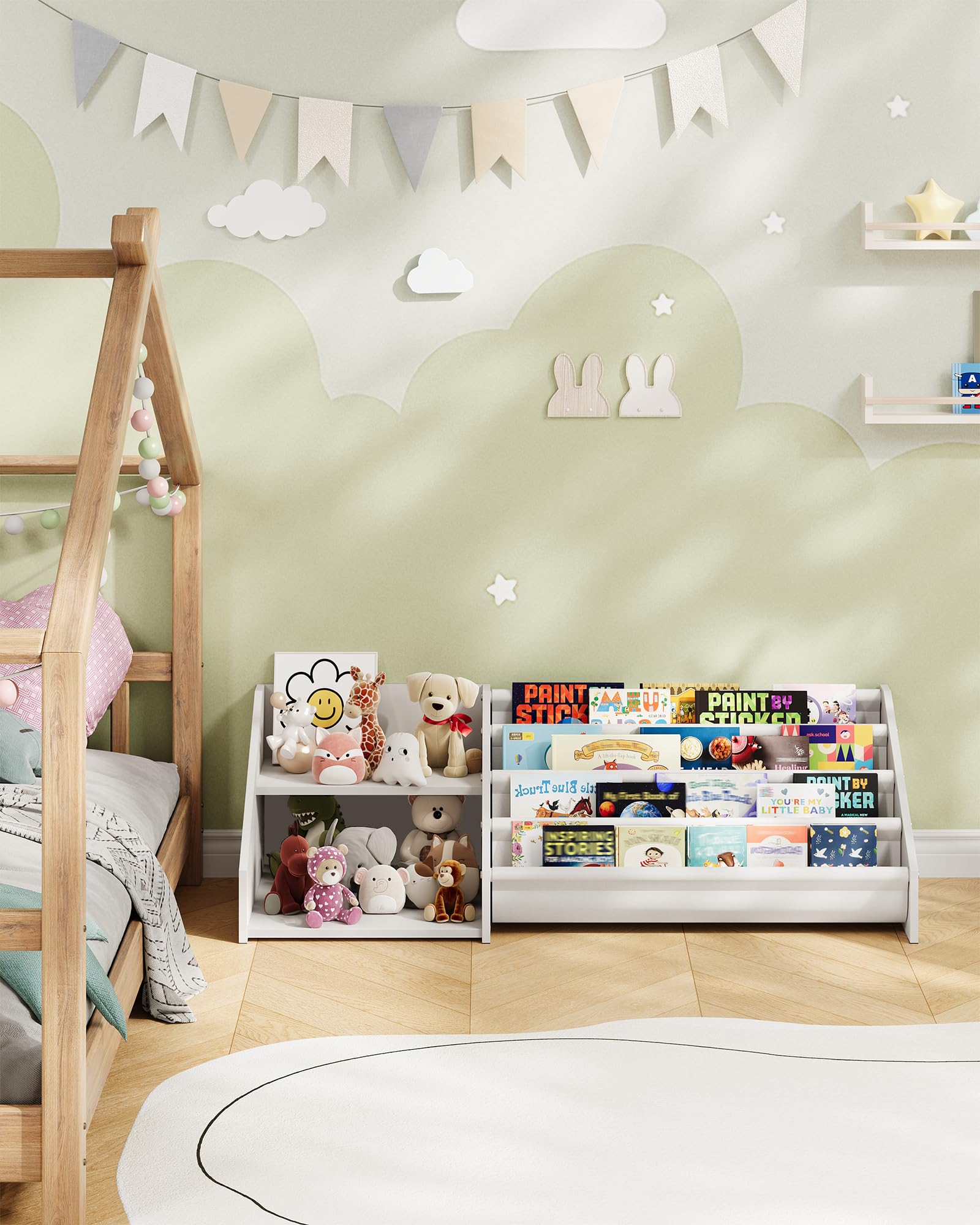 CHOEZON Kids Bookshelf and Toy Storage, Toddler Book Shelf with 2 Open Shelves and 4-Tier Sling Rack, for Kids Room, Nursery, Bedroom, Playroom, White MCW09WB