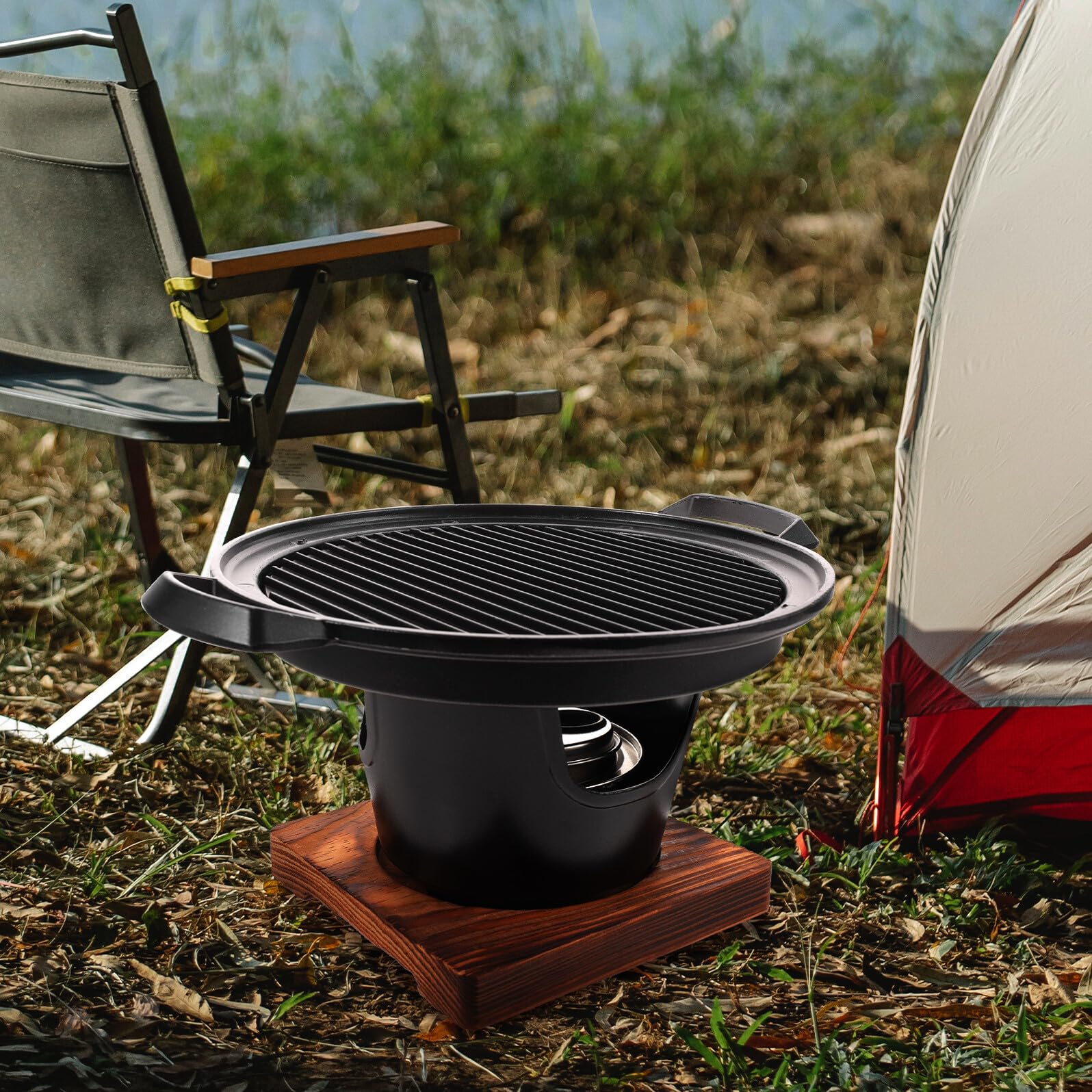 Przenośny nieprzywierający mini grill do grillowania – bezdymna patelnia kempingowa na zewnątrz z tacą odpływową oleju i płaską podstawą dla równomiernego rozprowadzania ciepła – łatwy do czyszczenia