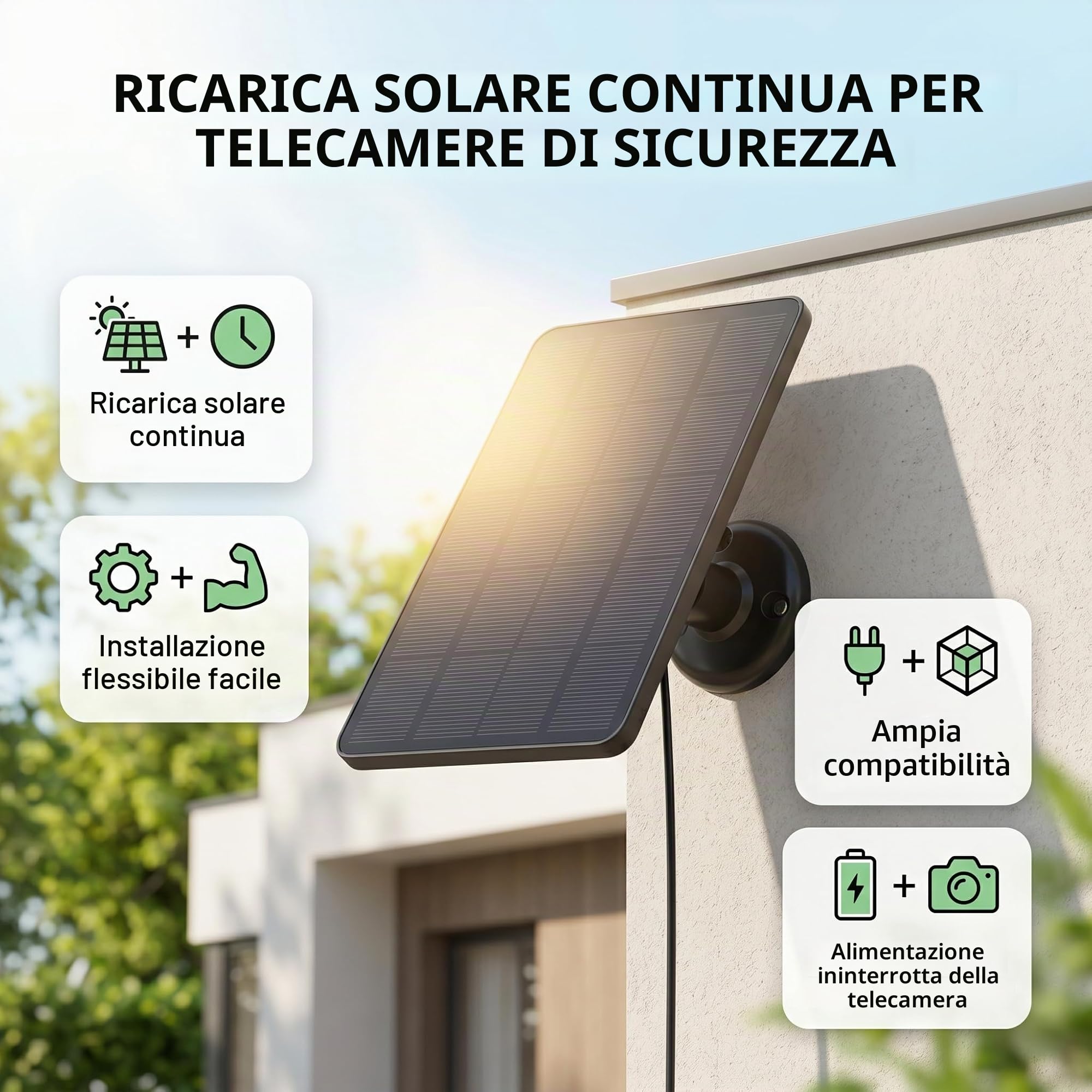 Pannello Solare per Telecamera di Sicurezza Wireless, Pannello Solare Micro USB Impermeabile 10 W per Montaggio a Parete Regolabile per Telecamera di Sorveglianza (Nero)