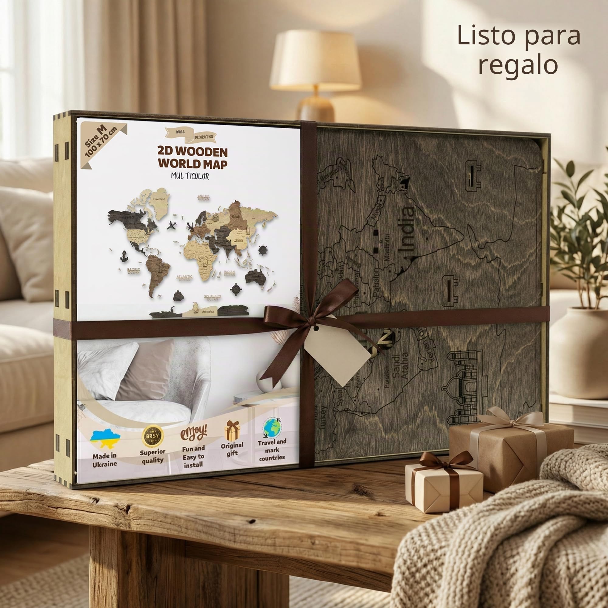 Creatifwood Mapa de Madera 2D para Pared – Mapamundi Decorativo | Planisferio de Pared | Decoración para Salón, Oficina o Dormitorio | Regalo para Viajeros (Dark, 80L x 55l cm)