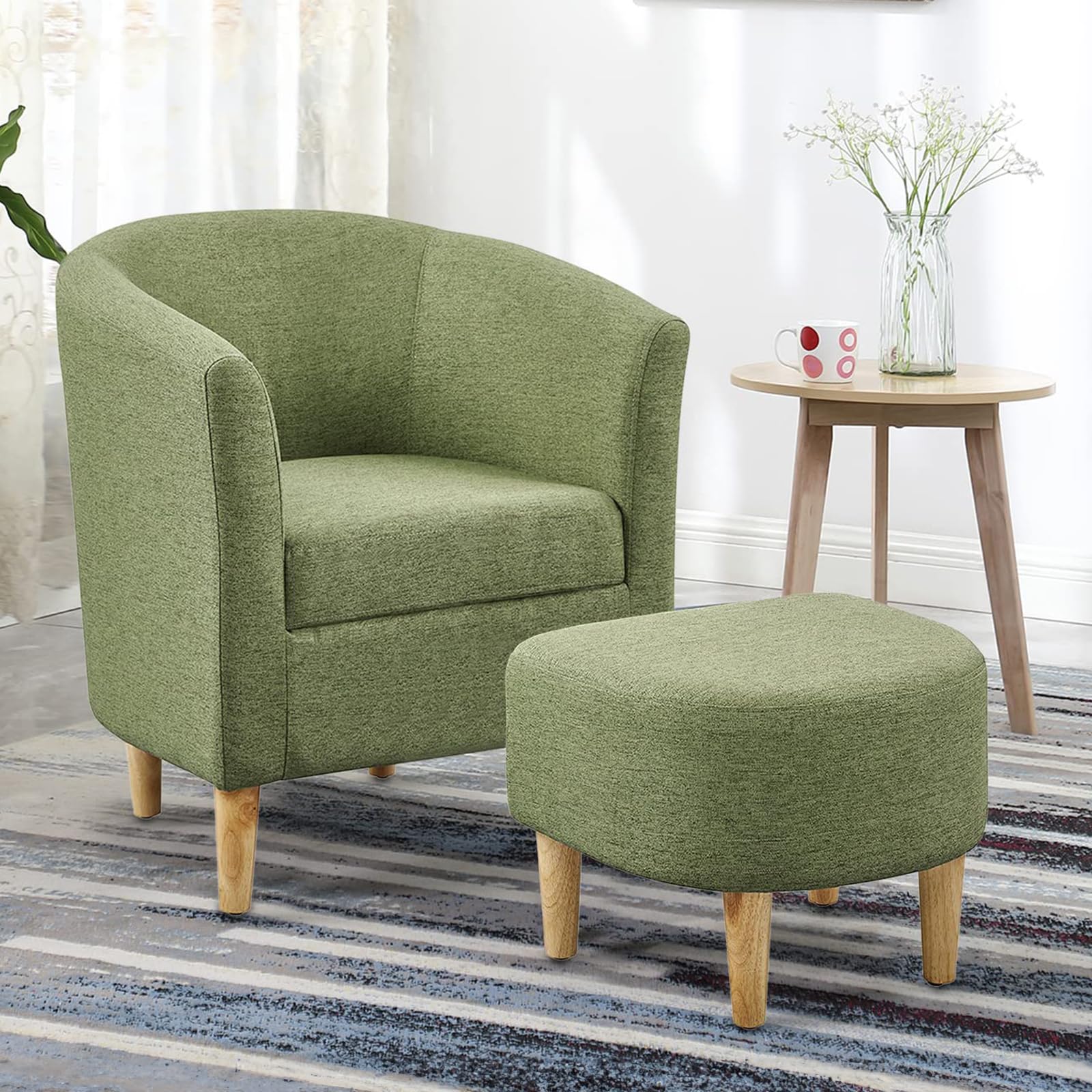 Hanstore Modern Tub Chair and Footstool Set Comfy Accent Armchair Soft Padded Linen Fabric Armchair Single Tub Sofa Side Chair Occasional Chairs Bedroom Living Room Lounge Office Reception Light Green