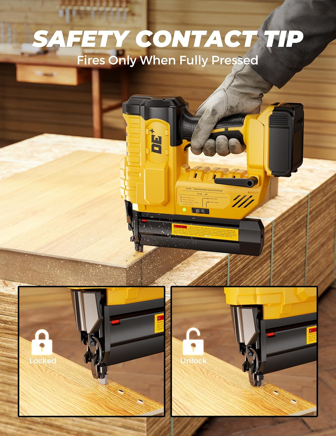 DeForce 18GA Cordless Brad Nailer, 2" Nail Gun for Dewalt 20V Max Battery, 2 IN 1 Electric Stapler, 2026 Upgraded Tool-Free Jam Release, 2 Modes, Adjustable Depth, 1000pcs Nails(No Battery), Yellow