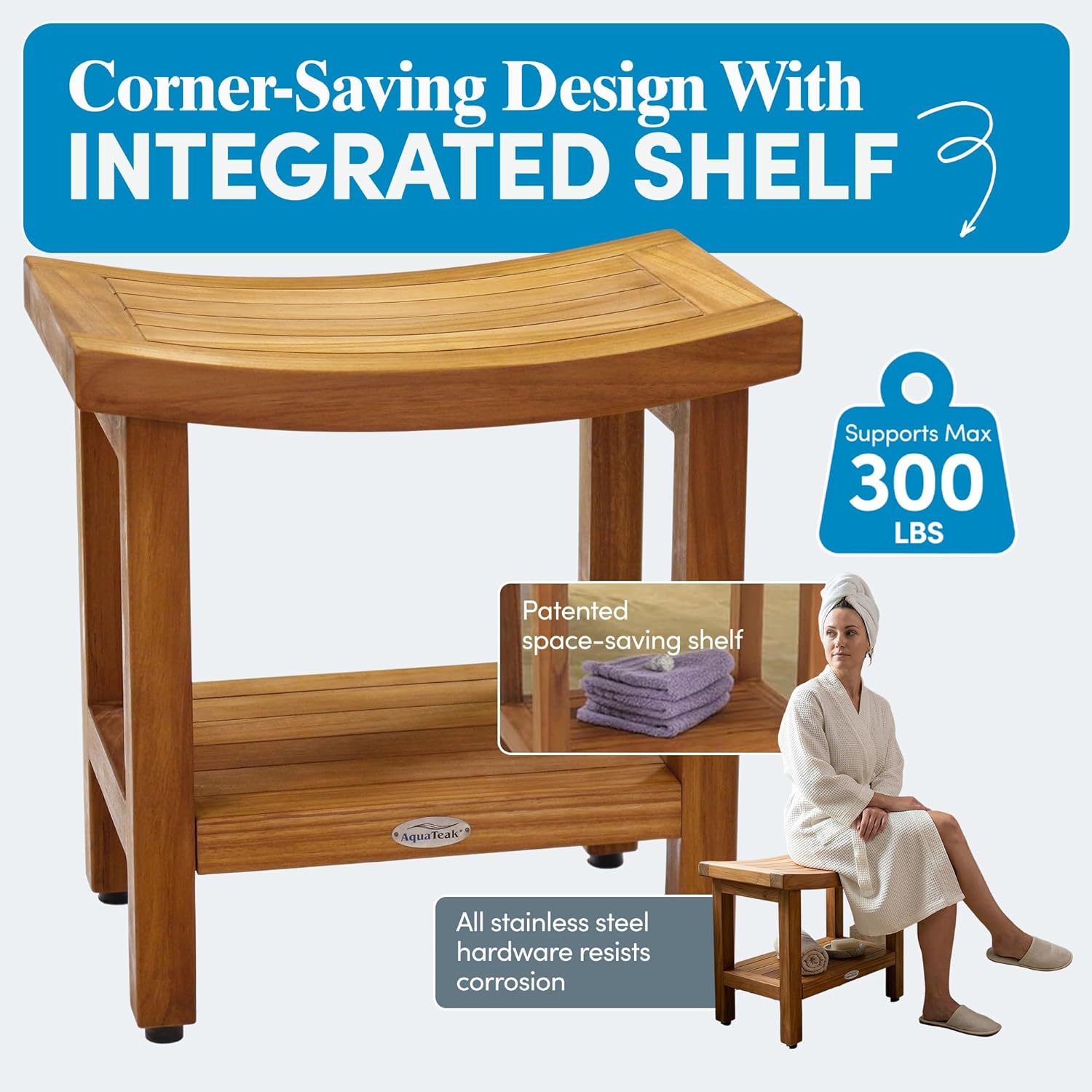 AquaTeak Patented 18" Sumba Teak Shower Bench - Shower Stool with Storage Shelf for Bathroom - Durable Water Resistant Shower Chair - Shaving Foot Rest - Indoor & Outdoor Use