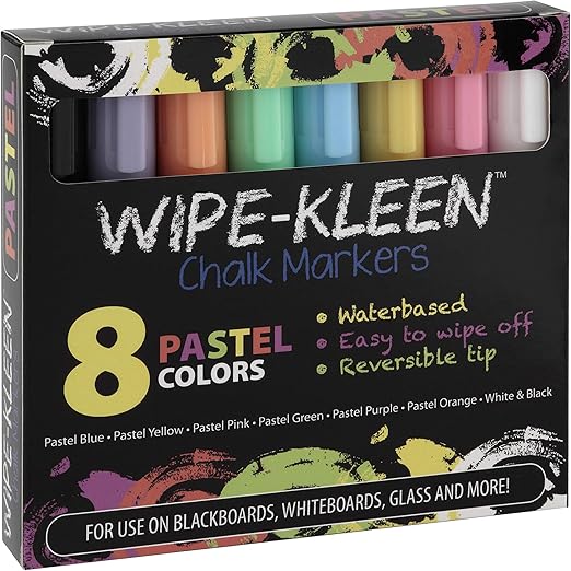 Creative Mark Wipe-Kleen Liquid Chalk Markers Pastel Color- Set of 8 - for Bistro Signs, Blackboard, Whiteboard & Glass- Reversible Bullet or Chisel Tip