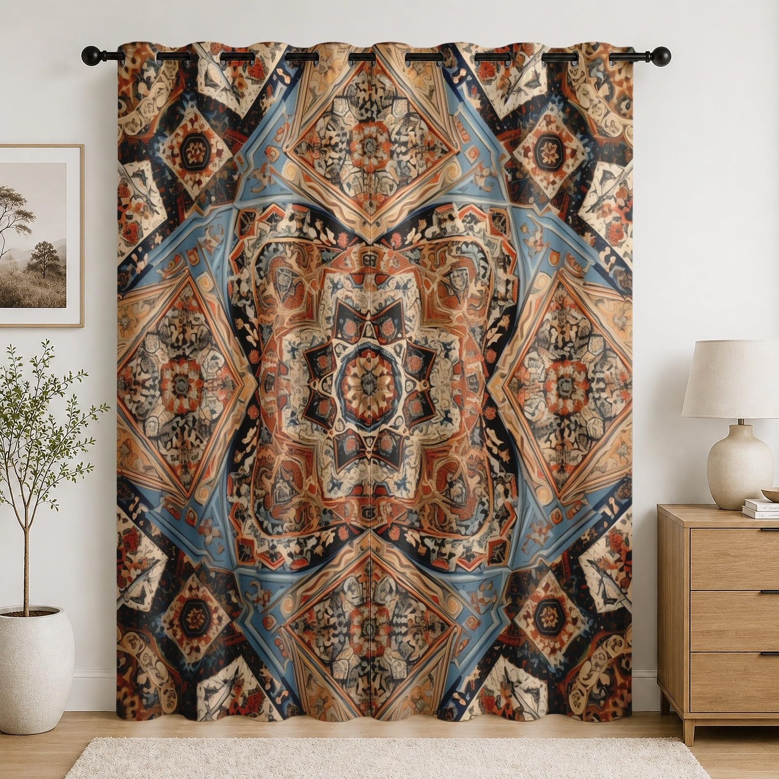 Rideau bohème occultant 2 pièces 75x166 cm motif ethnique brun