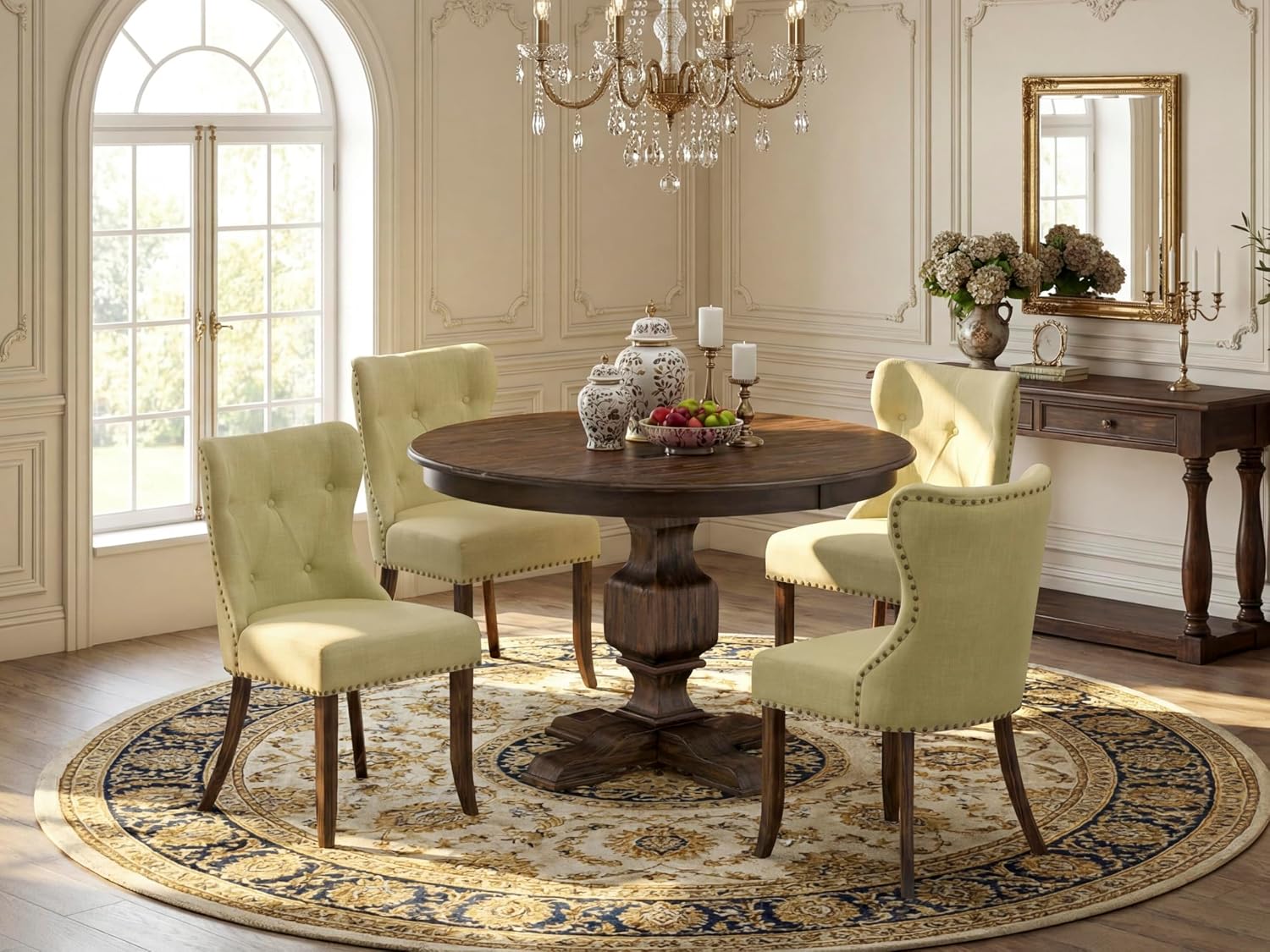 East West Furniture F3SI5-737 5 Piece Dining Set Includes a Round Dining Room Table with Pedestal and 4 Limelight Linen Fabric Upholstered Parson Chairs, 48x48 Inch, Distressed Jacobean
