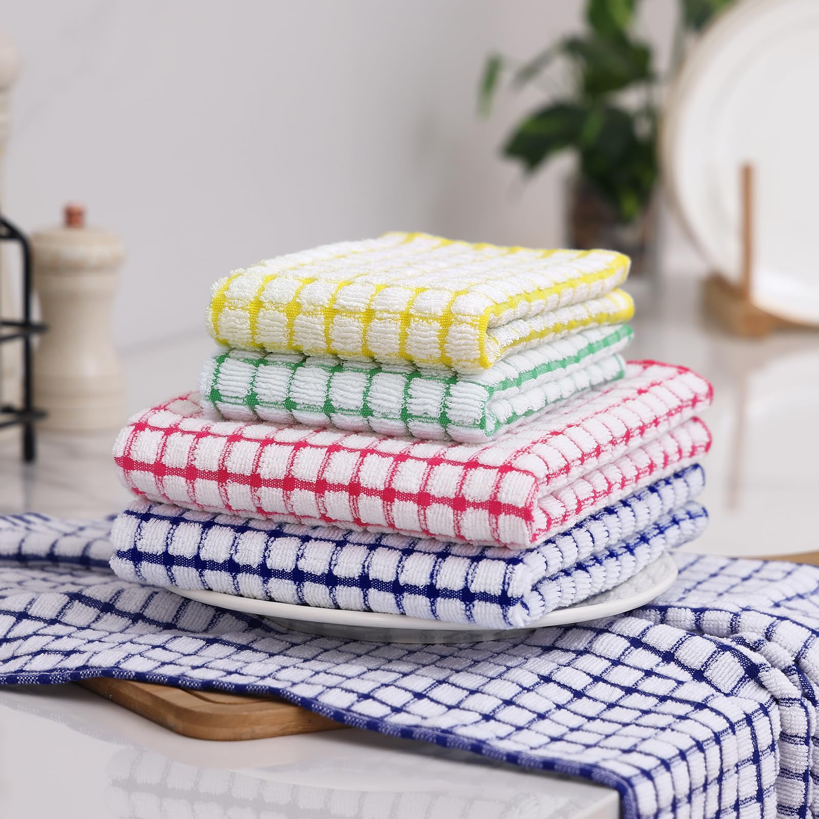 Homaxy Küchentücher und Geschirrtücher, 40,6 x 63,5 cm und 30,5 x 30,5 cm, Set mit 16 Baumwoll-Frottee-Geschirrtüchern, superweiche und saugfähige Geschirrtücher, Blau/Gelb/Rot/Grün