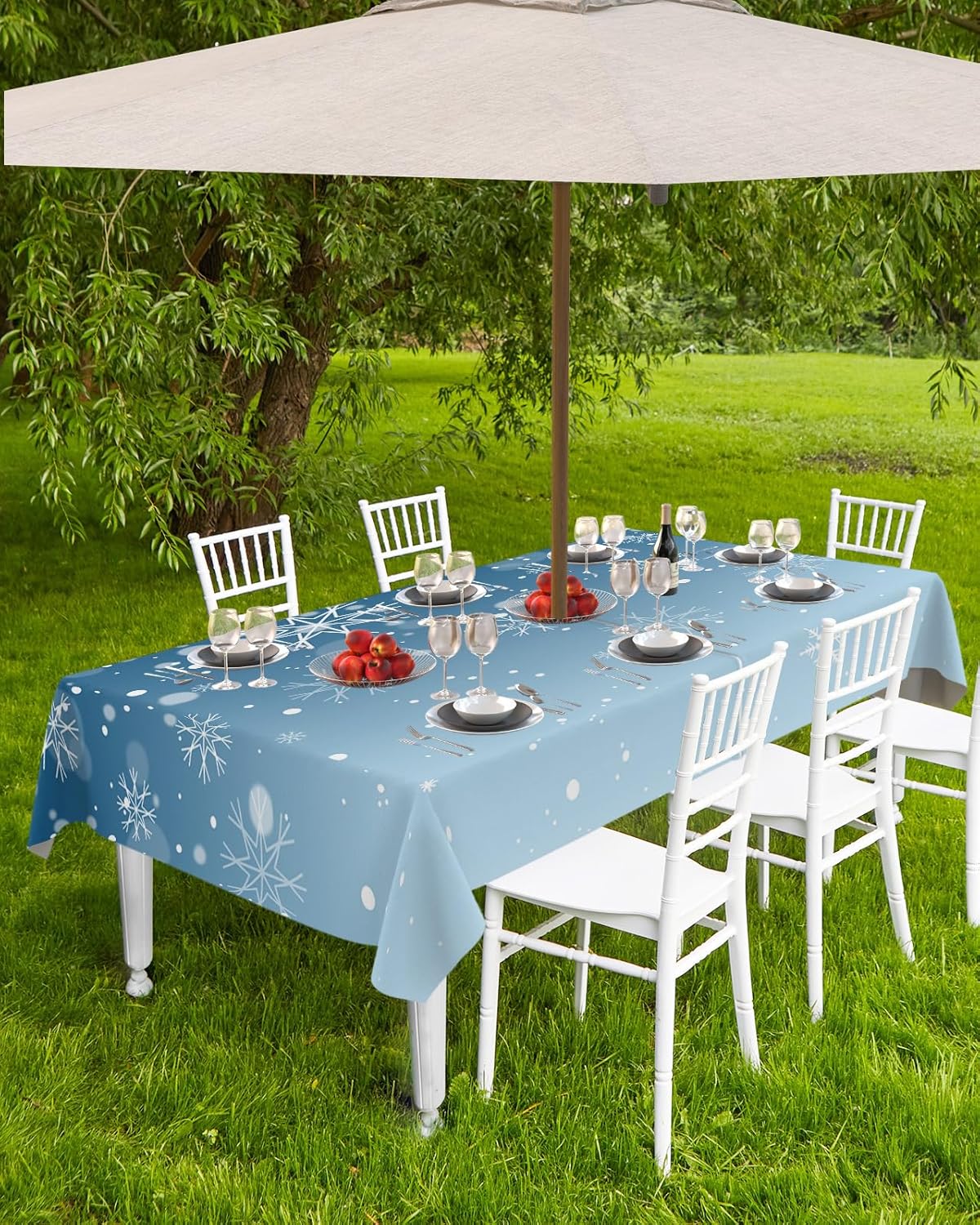 Christmas Tablecloth White Snowflake Rectangle Outdoor Tablecloths 60x120 Inch, Patio Table Cloths with Umbrella Hole and Zipper, Blue Table Cover for Outdoor Tables Picnic Dining Xmas Holiday Party