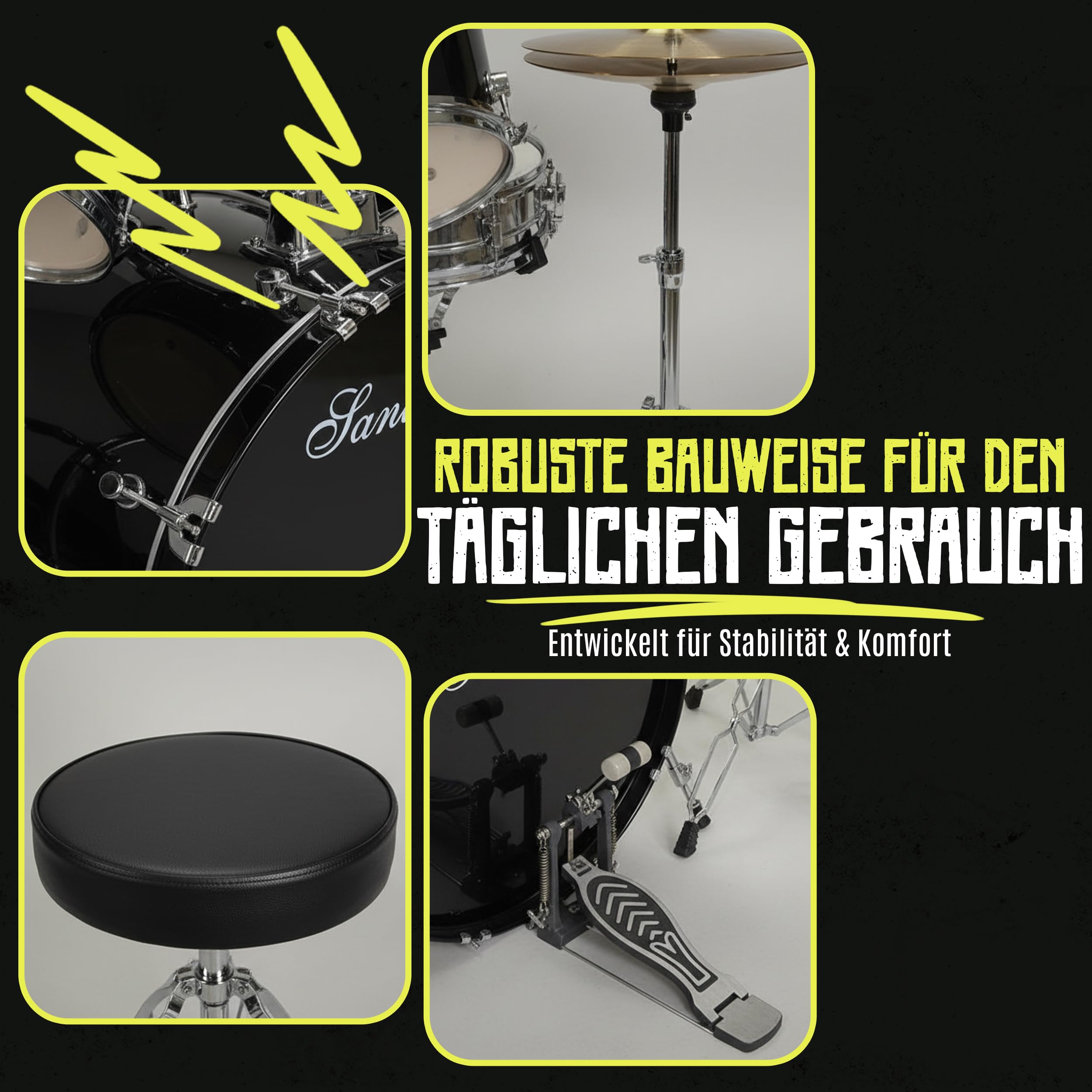Santander Schlagzeug Set 9-teilig schwarz – Musik-Lern-Instrumentenset für Anfänger, Jugendliche & Schüler – mit Becken, Ständer, Hocker, Snaredrum, Bassdrum, Toms - in Hochglanz schwarz