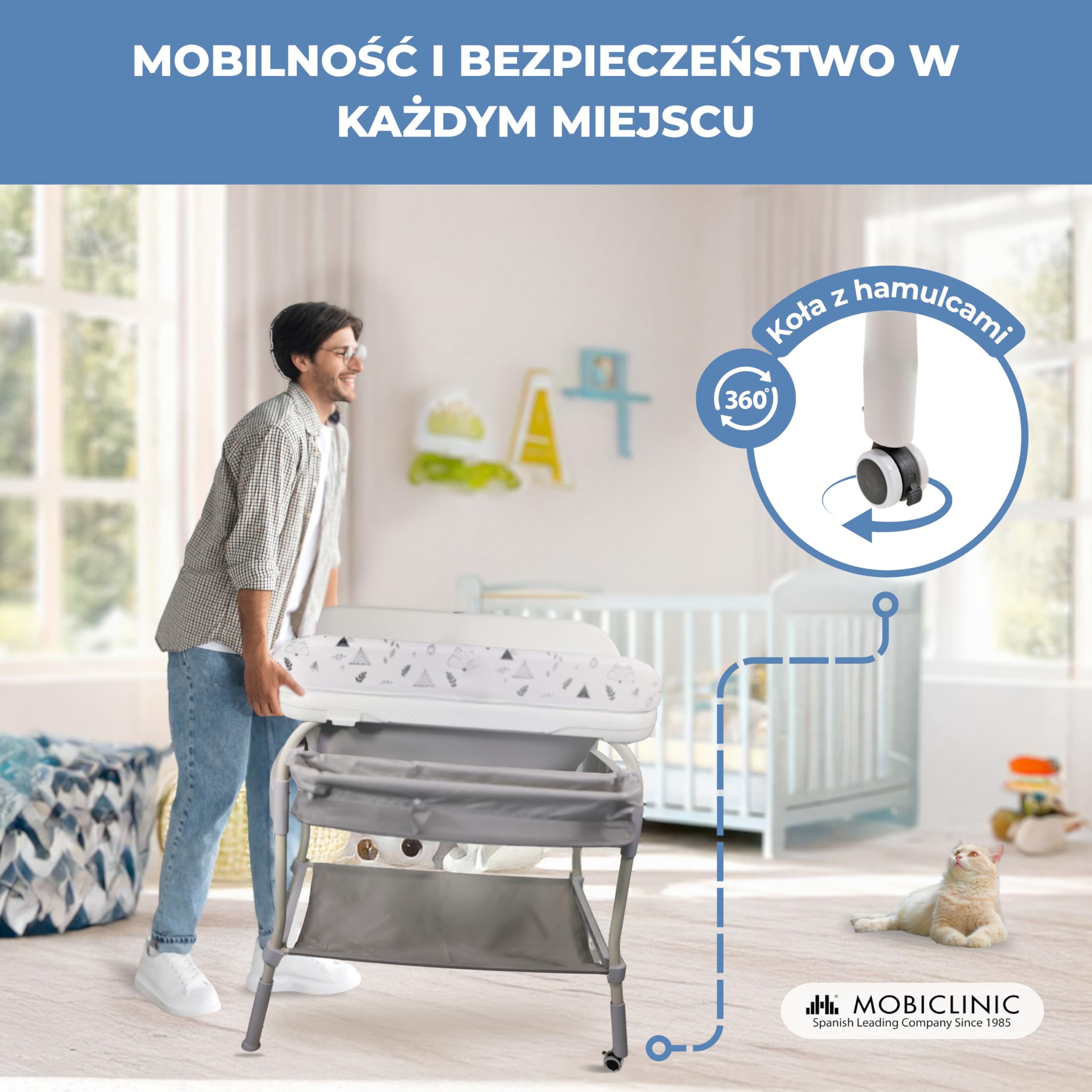 Mobiclinic®, Rzewijak dla niemowląt 2 w 1 z wanienką, Trendy, 4 regulacje wysokości, Termometr, Kółka hamulcem, Koszyk do przechowywania, 50 kg, Rurka odpływowa, 0-36 miesięcy
