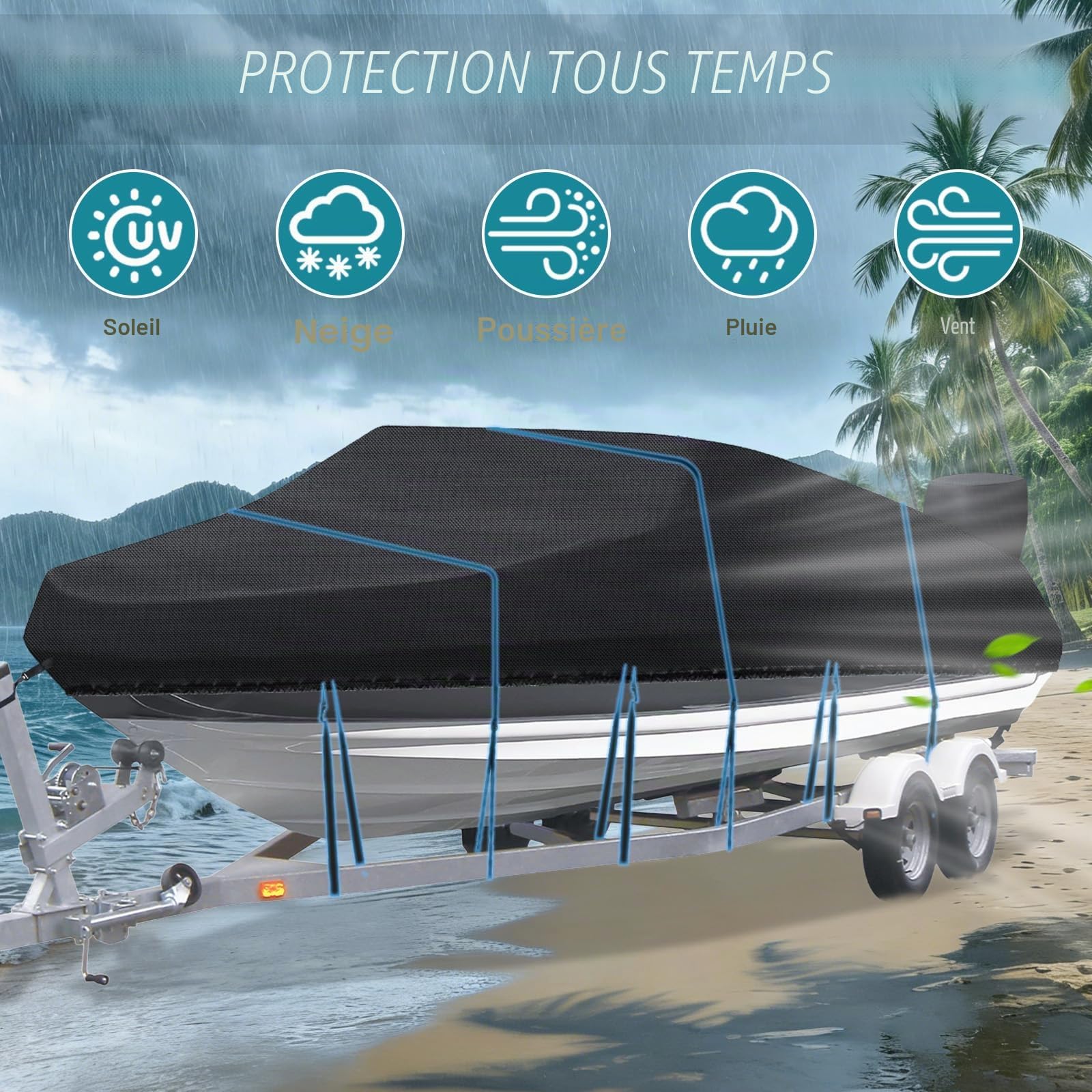 Housse de bateau en tissu Oxford 420D, bâche de protection pour bateaux, persenning anti-UV avec sac de rangement, pour coque en V, bateau à rames, bateau de pêche, noir