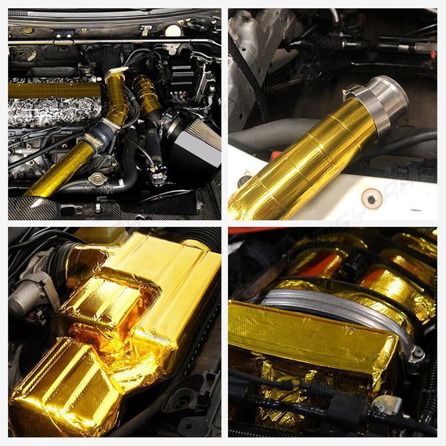 CHUSYYRAY 2"x15"(5M) Gold Exhaust Thermal Wrap Manifold Header Isolation Heat Tape, High-Temperature Adhesive Backed Heat Barrier Tape, Compatible with Intake Pipe, Engine, Turbo, Radiator, etc.
