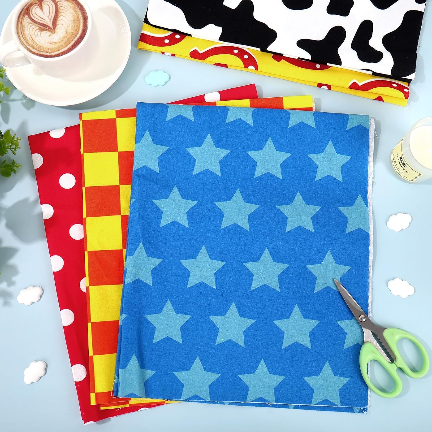 FYSUIMU 12Pcs Cartoon Story Cotton Fabric Bundles Toy Party Fat Quarters Cow Print Plaid Star Blue Sky Sewing Fabrics for Birthday Baby Shower DIY Craft Party Decor, 18 x 22 Inch