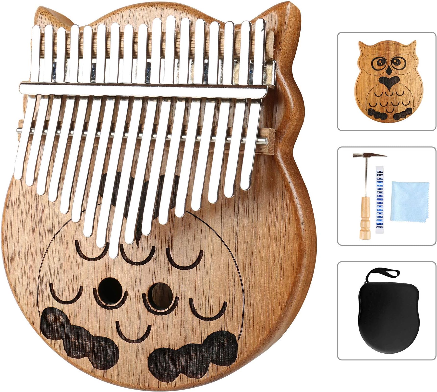 Owl Kalimba Thumb Piano 17 Keys Thumb Instrument with Number Sticker, Tuning Hammer, Protective Box and Cleanning Cloth