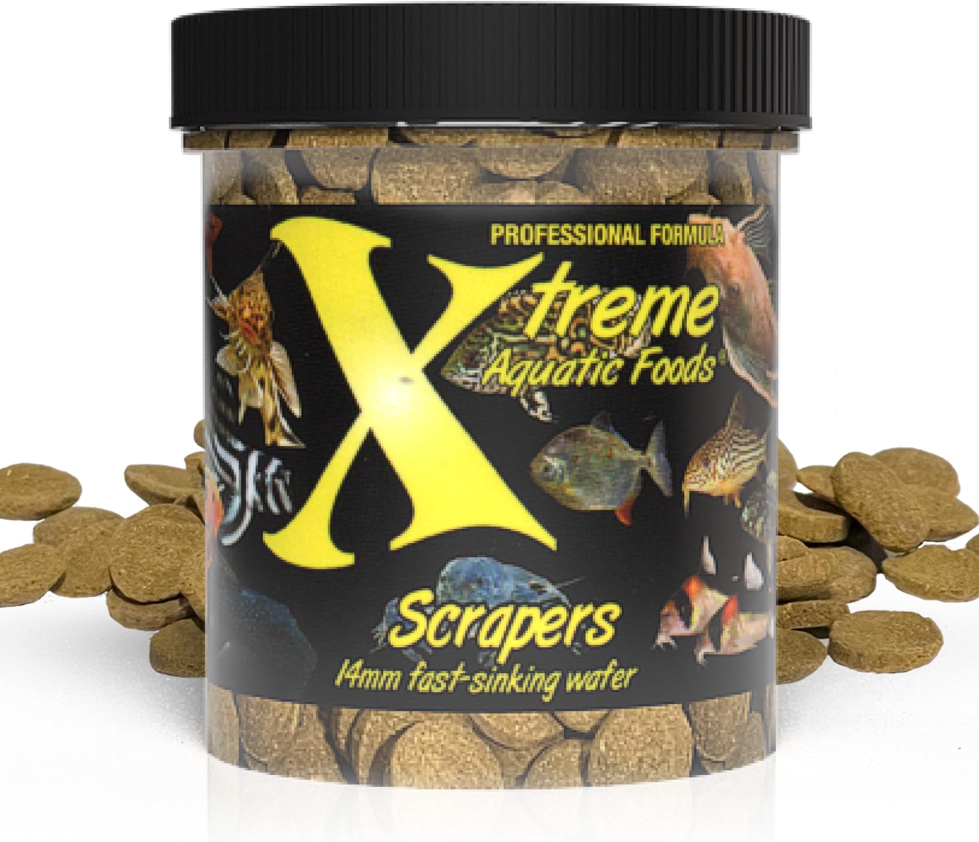 Xtreme Scrapers Wafers - Premium 14mm Fast-Sinking Fish Food – Nutrient & Cellulose Rich Ideal for Nocturnal Feeders, Catfish, Plecostomus Species, and Loaches – USA Farm Grown (5oz)