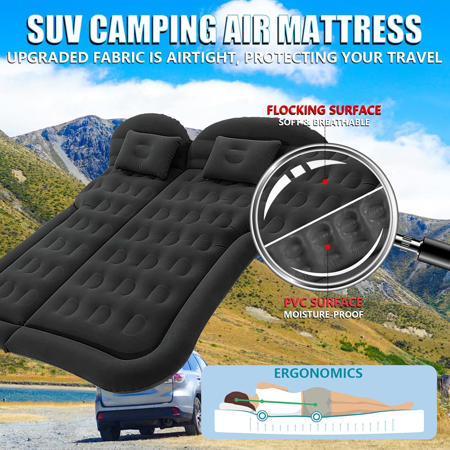 SUV Air Mattress, 6-Chamber Adjustable Car Air Mat for SUV Backseat, Double Sided Cars Bed with Electric Pump, 2 Pillows & Storage, Portable Sleeping Pad for Travel, Trucks, RV, 68L× 51W × 5.11H"