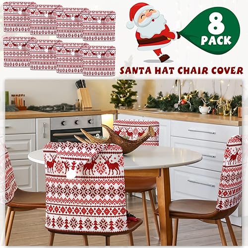 Miniatura 4 de Newwiee Juego de 8 fundas navideñas para sillas de Navidad, fundas para sillas de comedor de Navidad, copos de nieve, alce, fundas rojas para sillas
