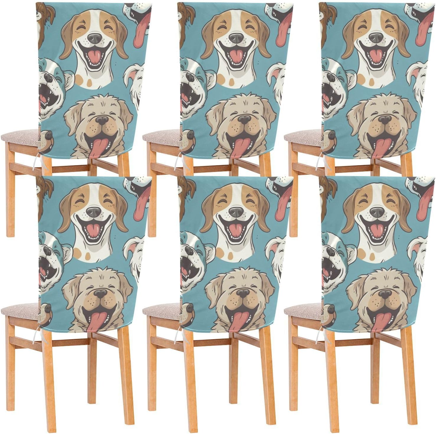 ALAZA Laughing Dogs Blue Chair Back Cover Set of 6, Washable Reusable Removable Chair Slipcovers Decorative Chair Cover for Home Kitchen Wedding Party