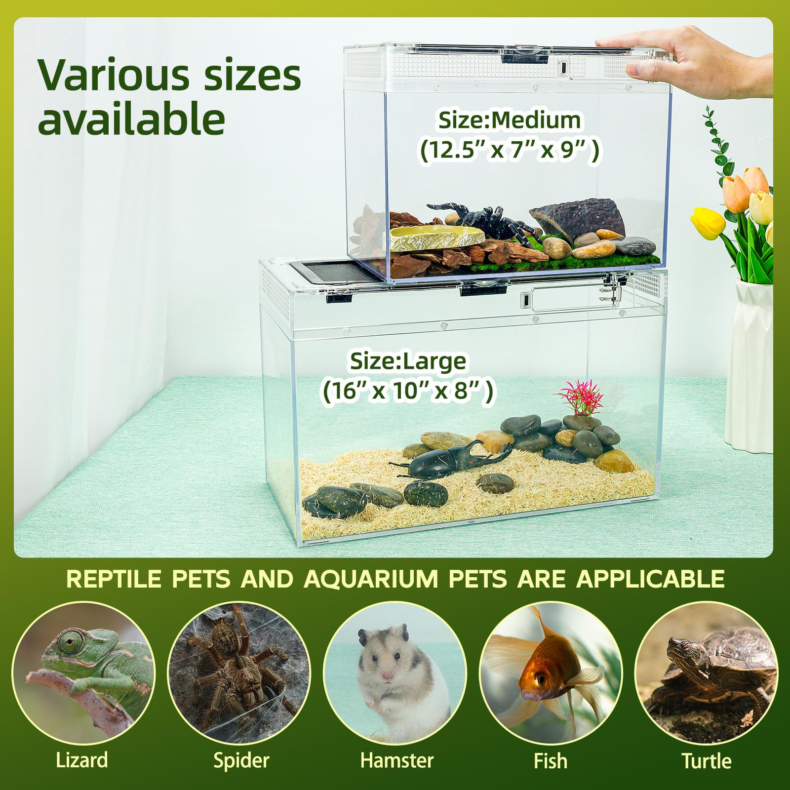 12.5''×9''×7'' Reptile Tank Kit with Heat Lamp, Spray Bottle, Shovel