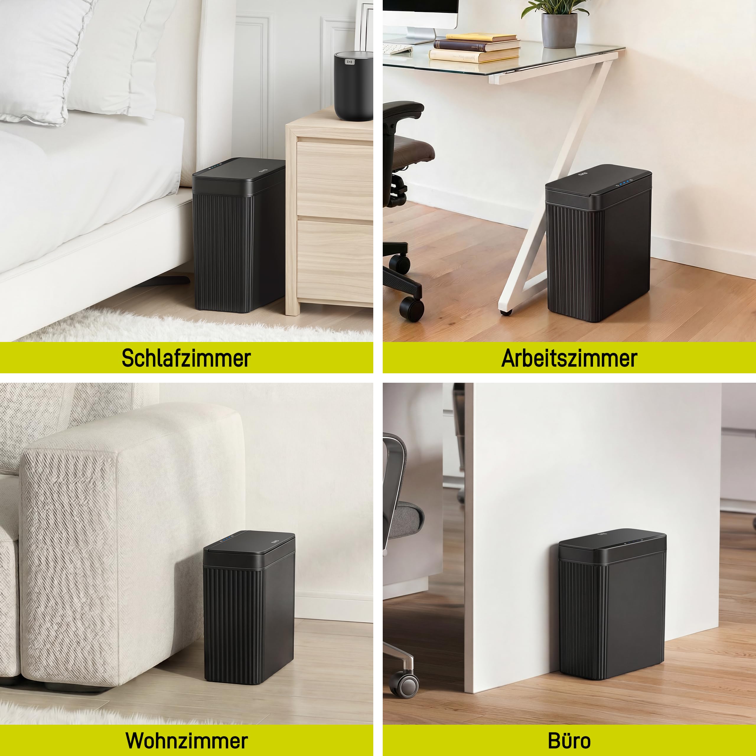 EKO Badezimmer Mülleimer mit Sensor, Schlanker Sensor Abfalleimer, Wasserdichter, Soft Close, Bewegungssensor-Kosmetikeimer für Bad, Büro und Küche, Carbon-Schwarz, 10L, Hochwertiger Kunststoff
