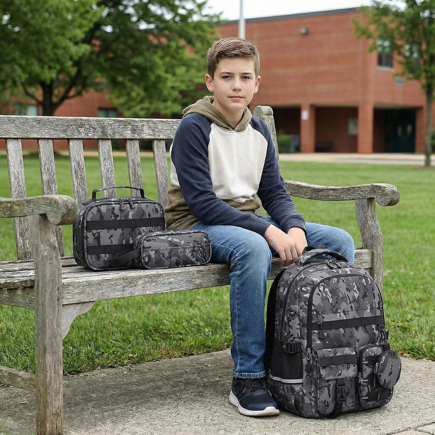 School Backpack for Boys - 5pcs Camo Boys Backpack with Lunch Box Set for Kids Teens Elementary Middle High School,18″ Large Capacity Students Bookbag