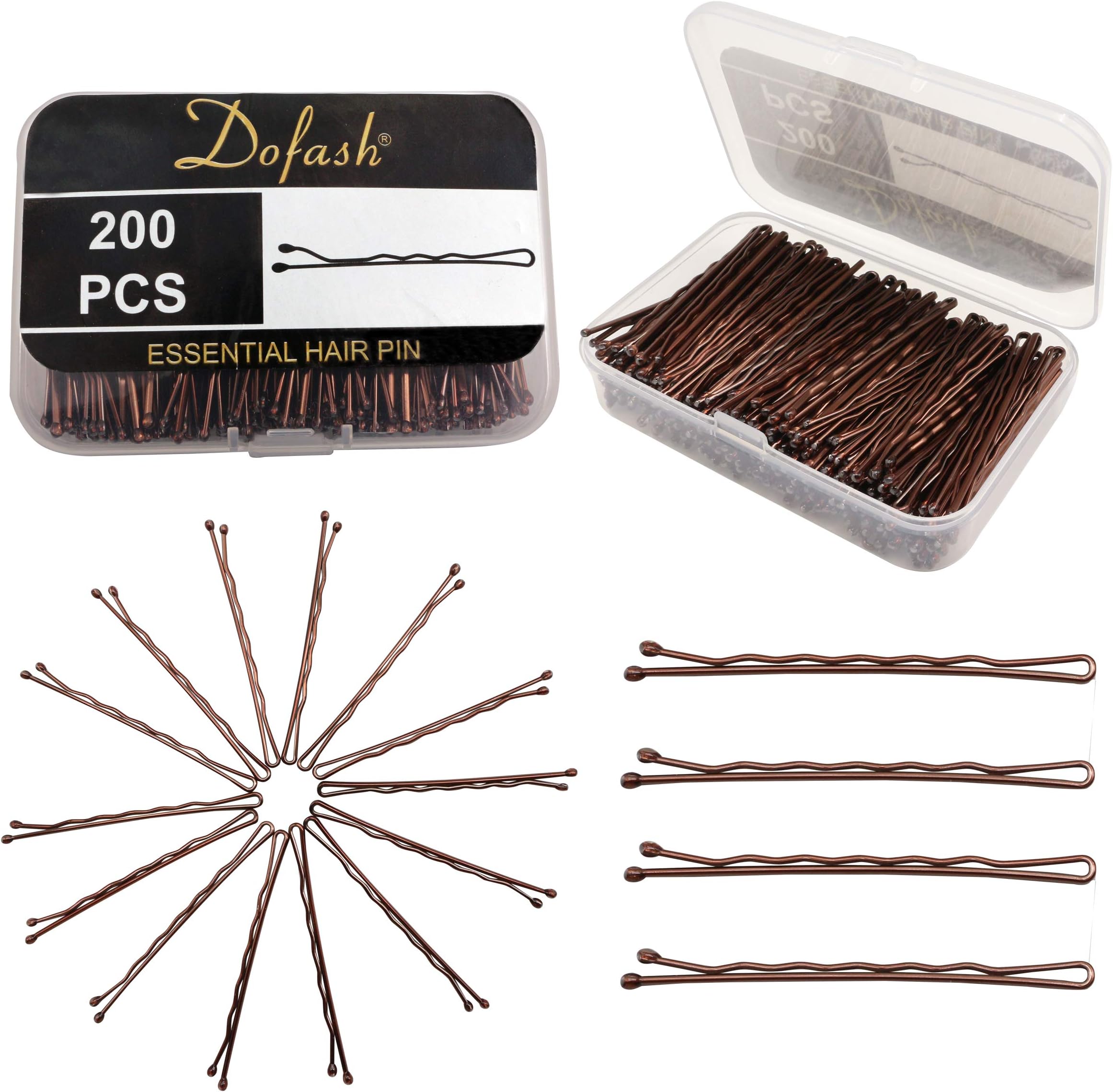 Dofash 200pcs Metal Bobby Pins Black Hair Clips grips with box for Hair Decoration (Brown/Box)