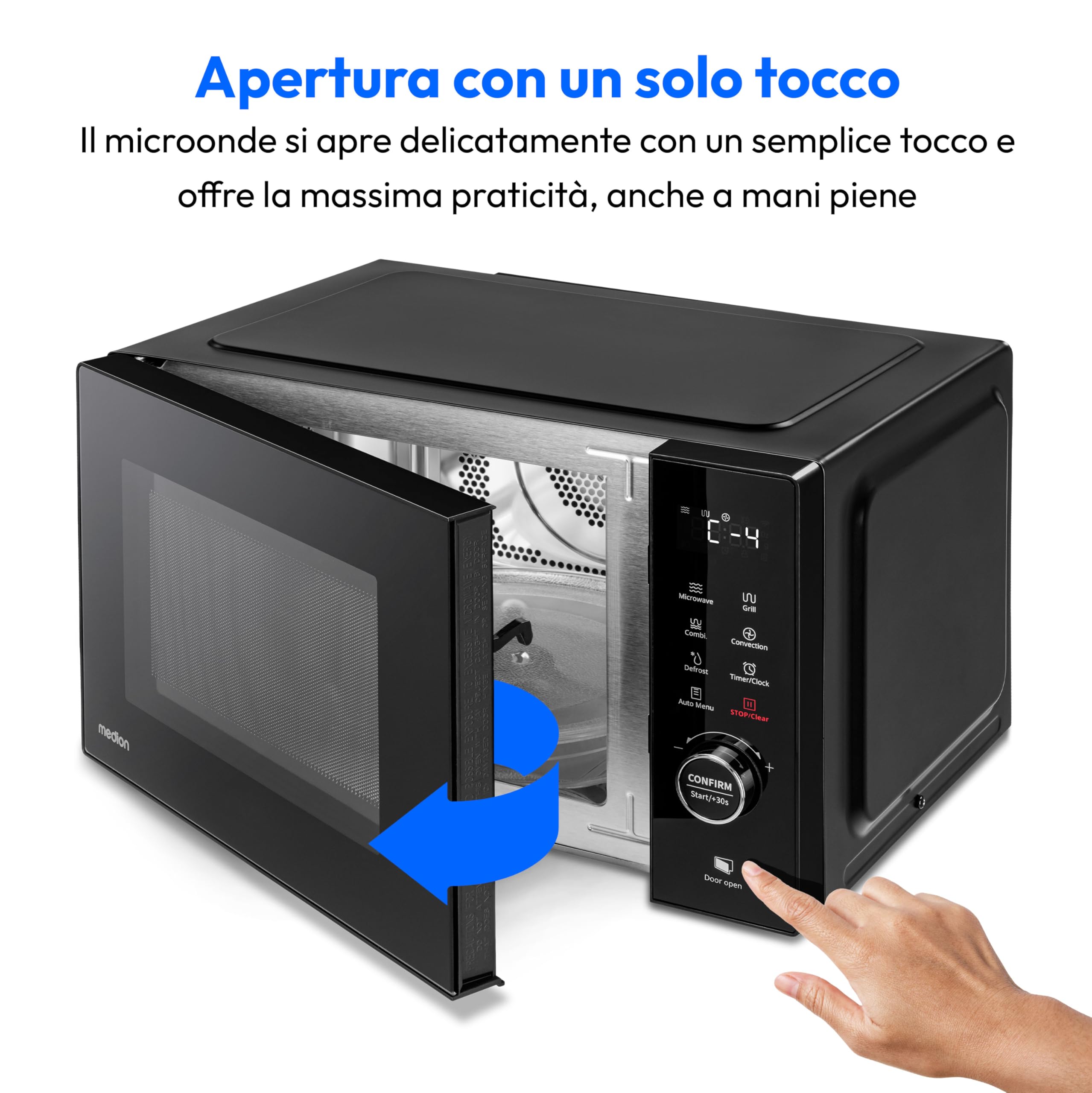 MEDION Microonde con grill e convezione (23 litri, 900 watt, 1000 watt grill, 1680 watt convezione, 11 programmi automatici, 5 livelli di potenza, funzione scongelamento, acciaio inox, MD12031) nero