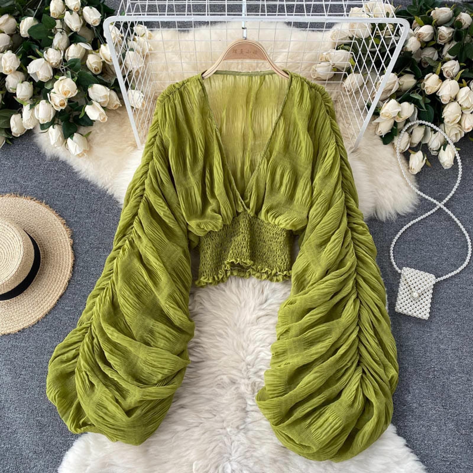 Top da donna in pizzo, a sbuffo, a maniche lunghe, con scollo a V, casual, sexy, con volant, a maniche lunghe, estivo, in pizzo, svasato, con bottoni, alla moda, arioso top in chiffon