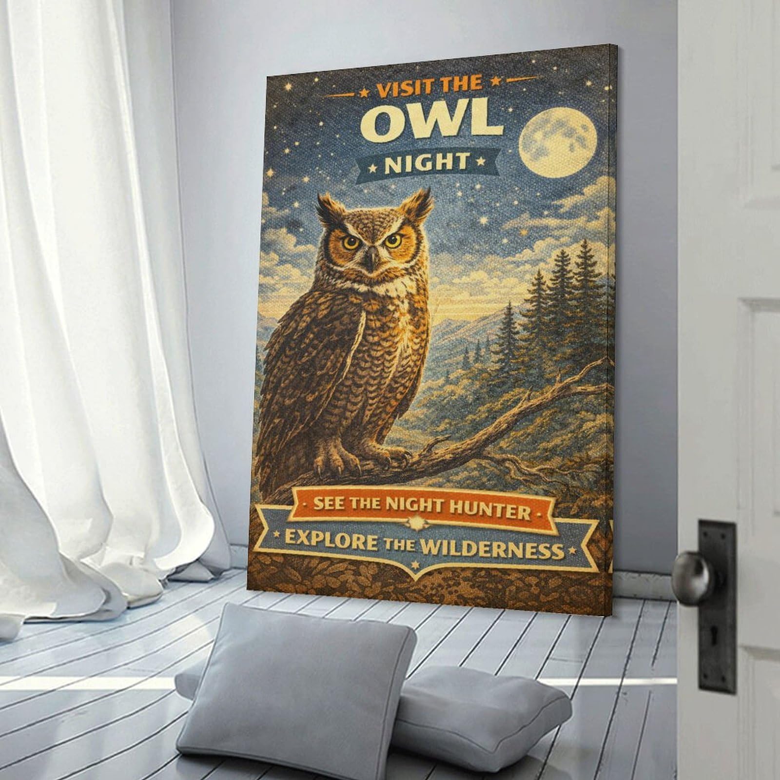 Junmoney Canvas Art Print Vintage Owl Night, 16x24inch(40x60cm), for Home Office, Desk Area Or Studio, Wall Art That Adds Style to Work Areas