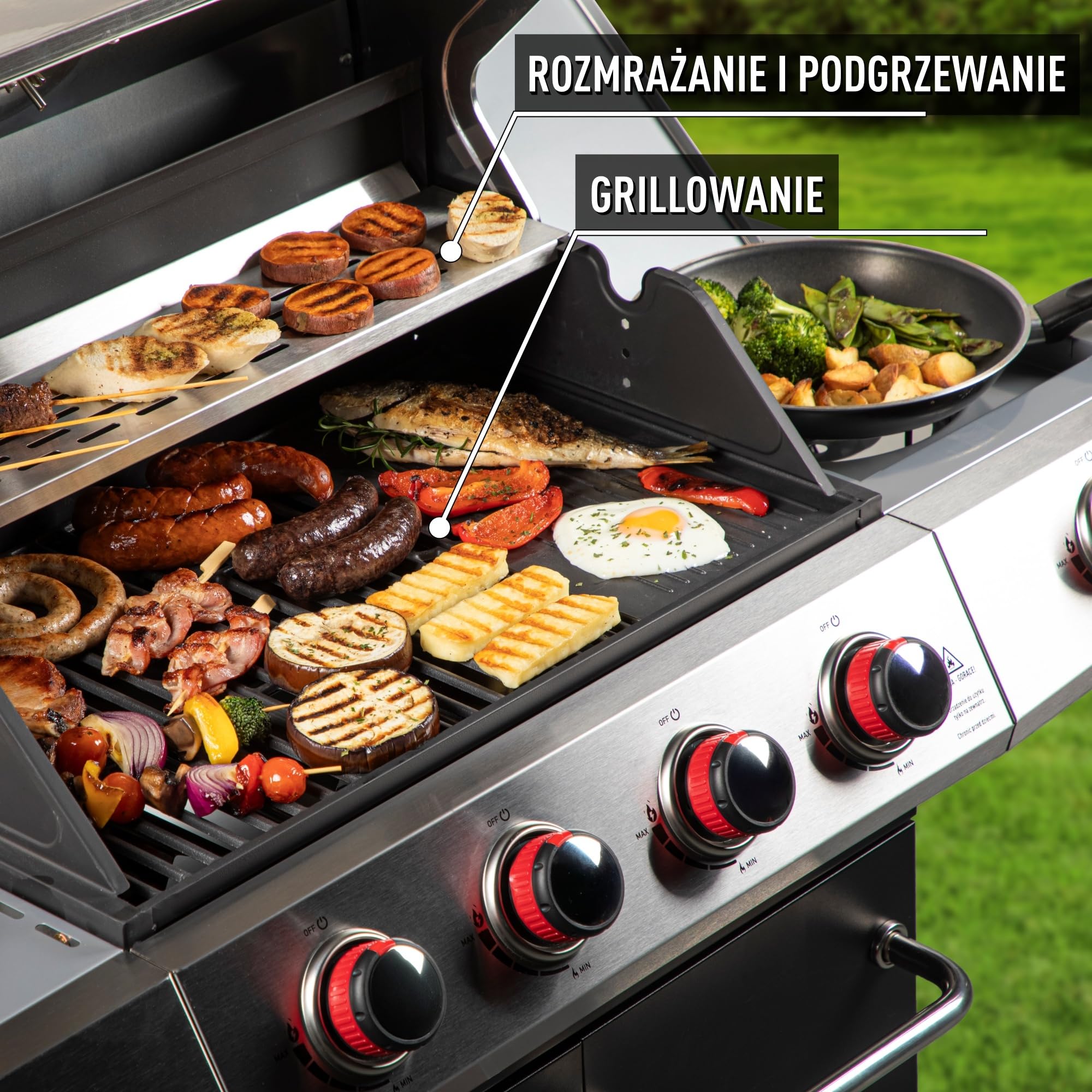 BROWIN® dragON BBQ101 | Grill Gazowy | BBQ | Wielofunkcyjny | Stal nierdzewna | Grill na 4 kółkach | 4 Palniki Główne | Palnik Boczny | 60 x 36,5 cm | 11,7 kW | Czarno-Srebrny
