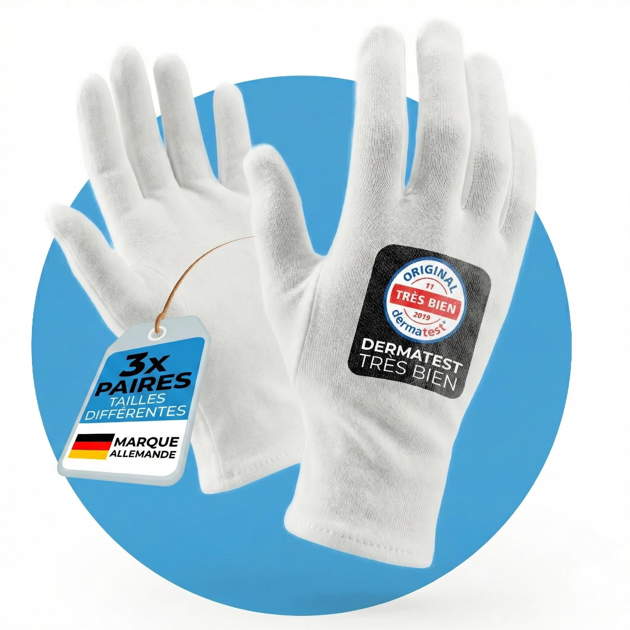 Gants coton dermatologique (Dermatest: Excellent) gants blancs pour eczema, gants hydratant main - antistatique - homme/femme - gants en coton de qualité supérieure (3 paires, M)