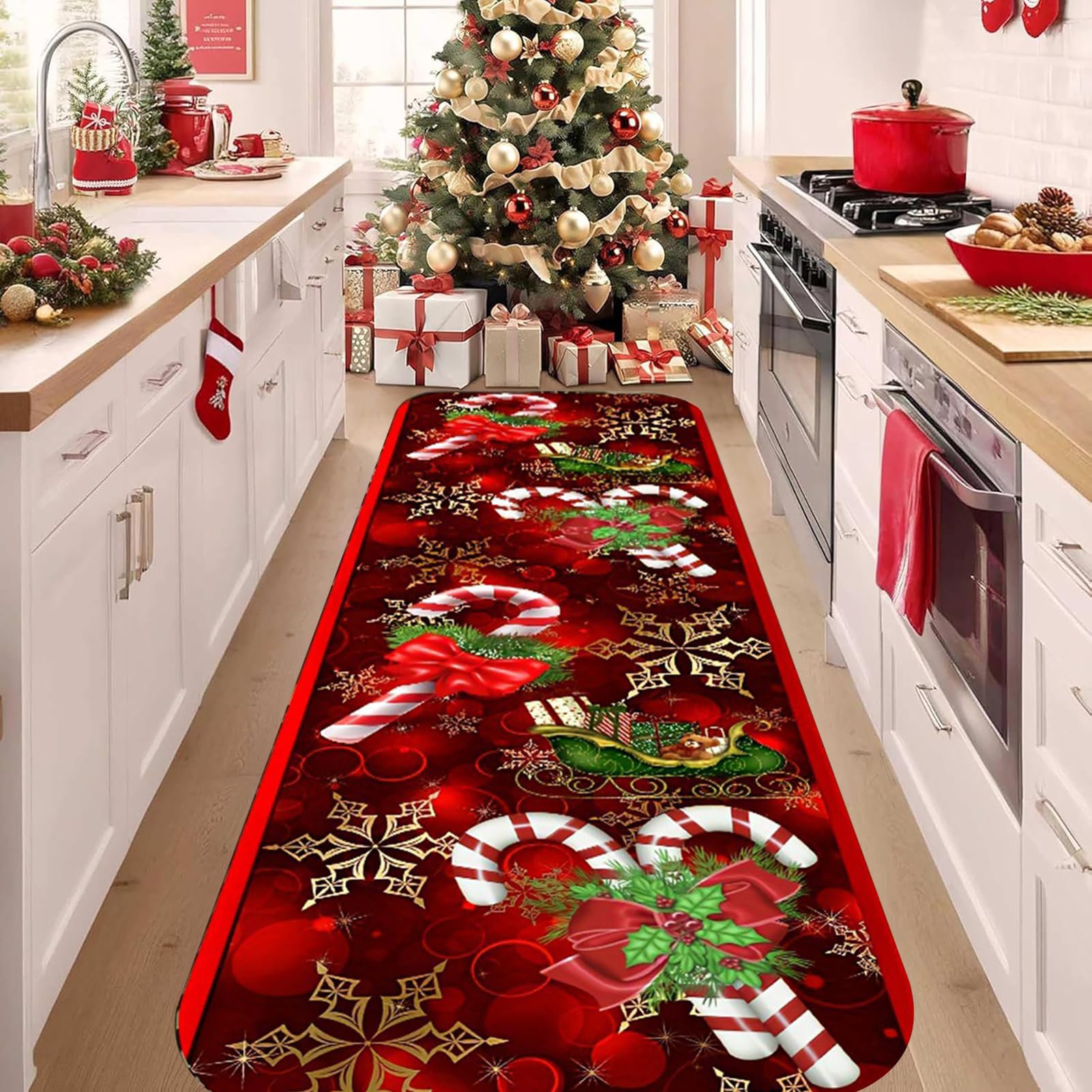Tappeti Corridoio Natalizi, Tappeti Lavabili per Cucina E Ingresso, A Pelo Basso, Morbidi, Rossi, Antiscivolo, per Decorazione della Casa,40x300cm/16x118 in