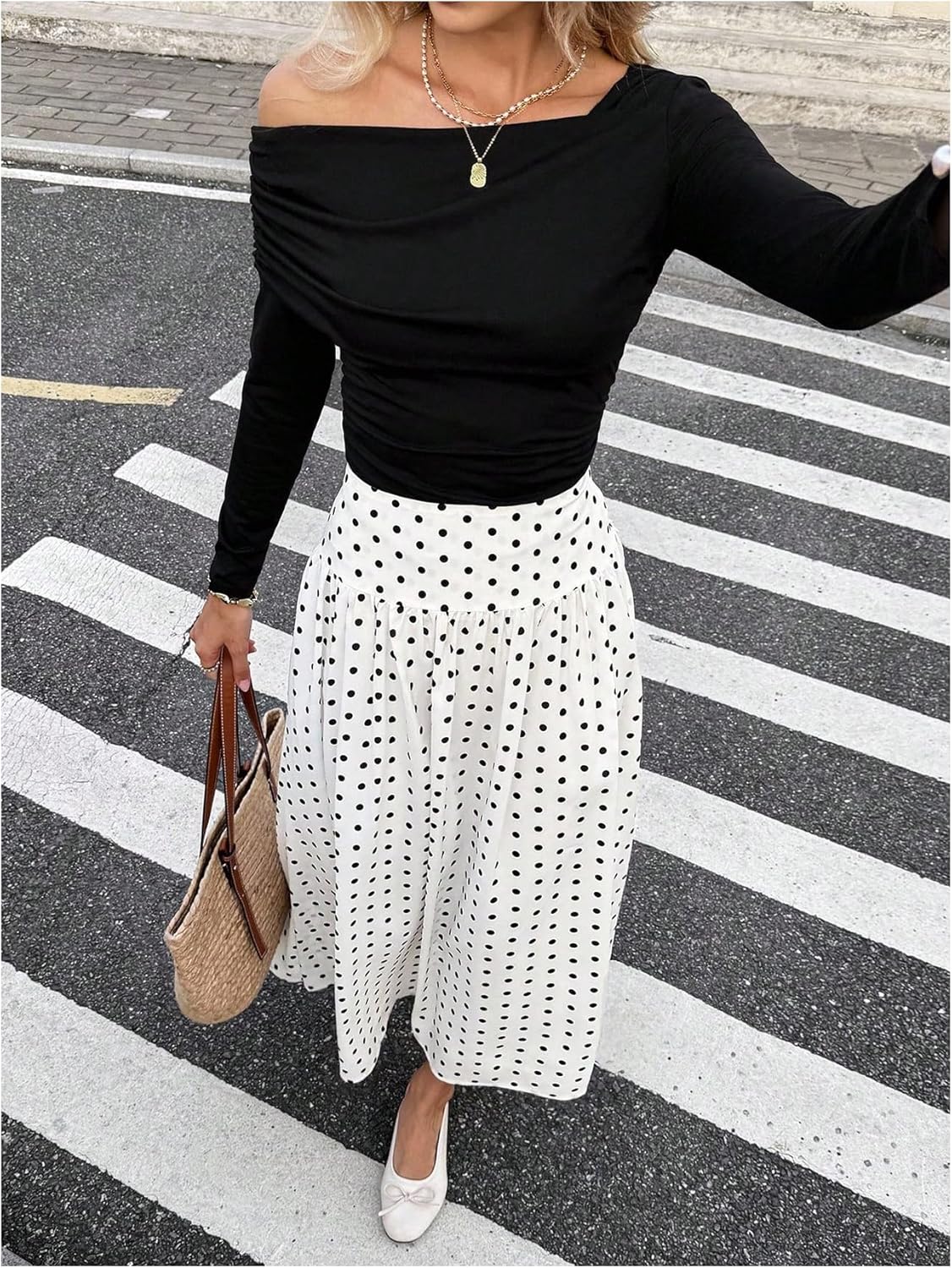 Milumia Women's Polka Dots Print Flowy Long Skirt Elegant Pleated High Waisted Flared Maxi Skirts - Image 4