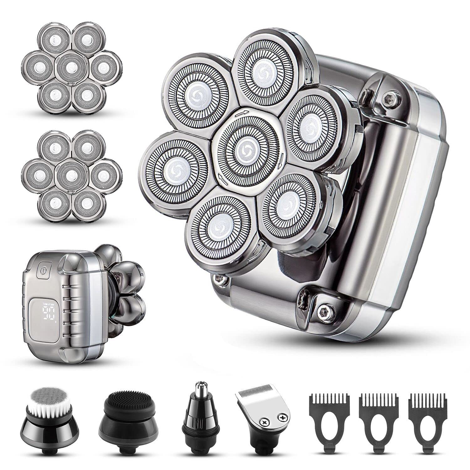 Bald Head Shavers for Men Waterproof Electric Rechargeable Balding Head Shaver Professional Anti-Pinch Shave Bald Head Wet&Dry Rotary Close Razor with Replaceable Grooming Shaving Heads