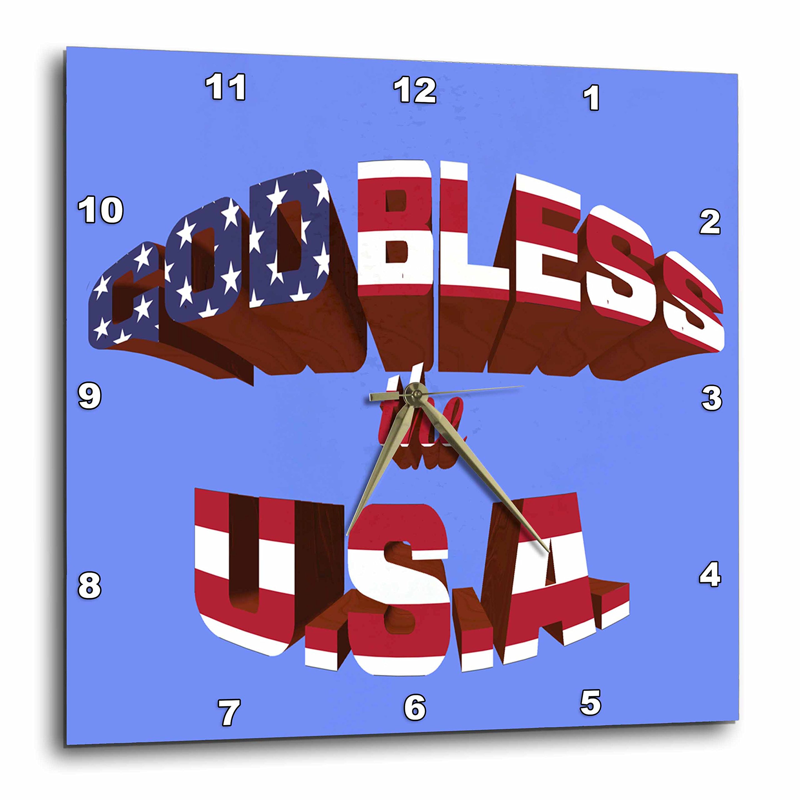 3dRoseDPP_185108_3 God Bless The U.S.A.in 3D Text. American Flag Colors Sky Blue Background Wall Clock, 15 by 15-Inch