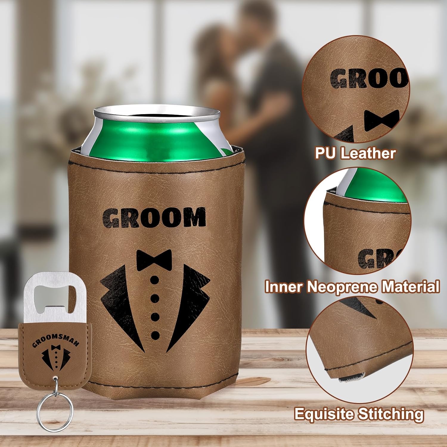 SiliFine 6 Sets Groom and Groomsmen Leather Can Cooler with 6 Bottle Opener, Groomsmen Proposal Leather Can Sleeve Favors for Best Man Proposal Gifts (Medium Brown)