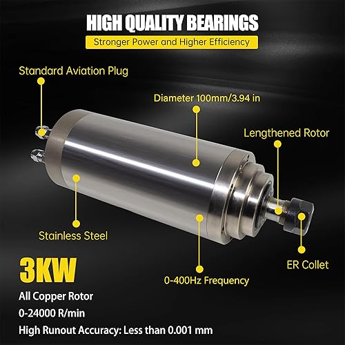Miniatura 5 de RATTMMOTOR Motor de husillo CNC 220V 3KW Motor de husillo refrigerado por agua 24000RPM 12A Eje ER20 4 rodamientos 3.937 in Motor de husillo 400HZ
