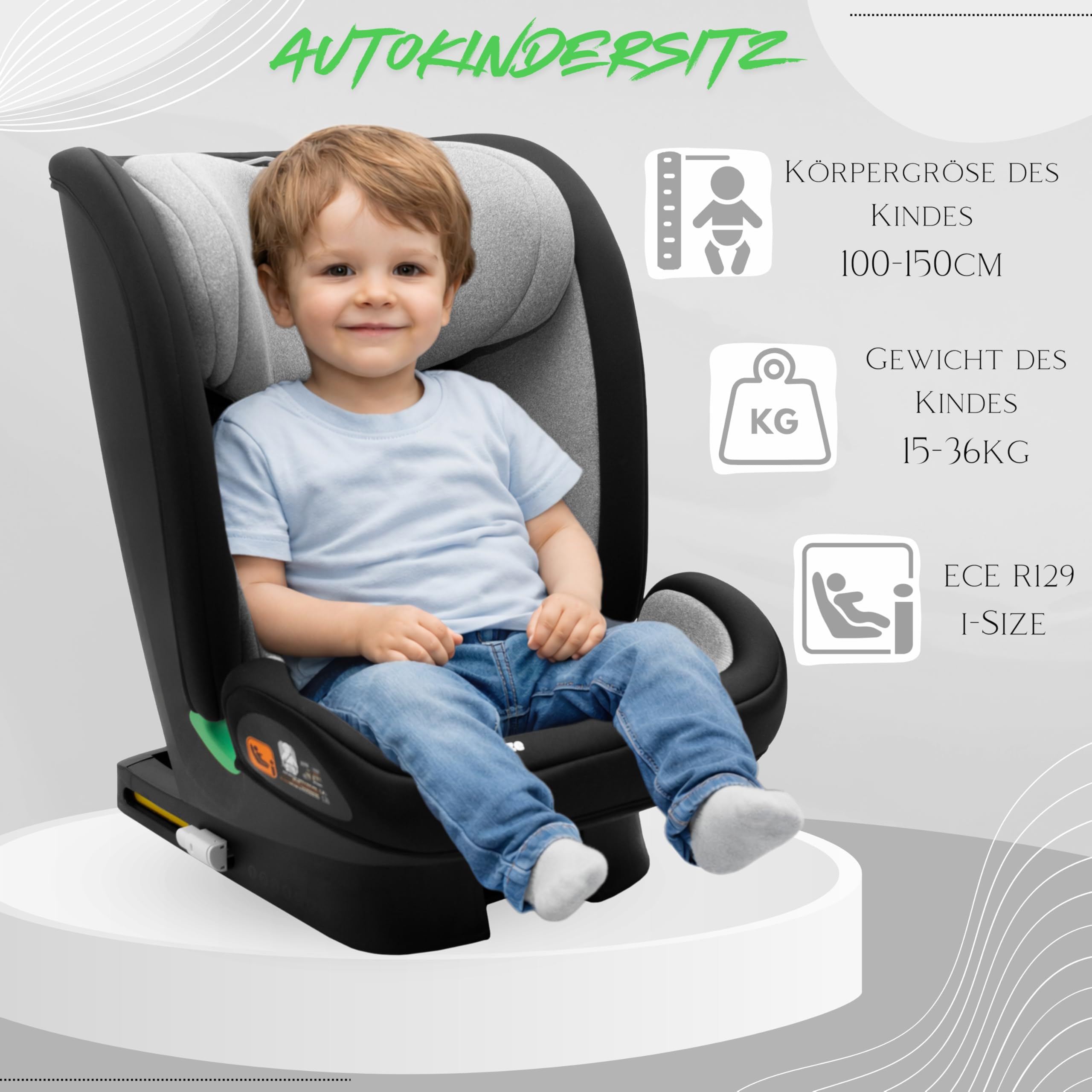KidsZone Kindersitz 15–36 kg mit Isofix – Kinderautositz Gruppe 2/3, 100–150 cm – Kindersitz ab 4 Jahre i-Size ECE R129 – 7-stufige Neigung, 9-stufige Kopfstütze, waschbarer Bezug