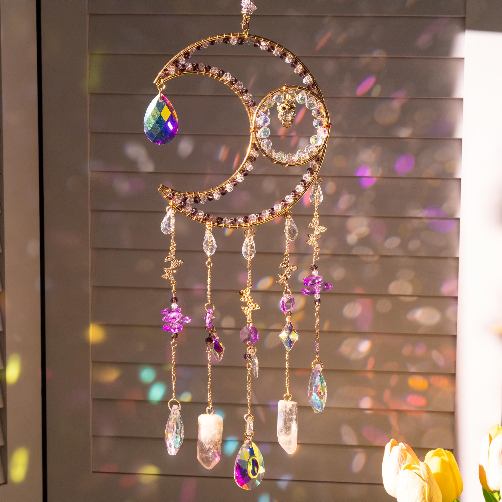Attrape-soleil cristal violet et lune pour décoration de maison