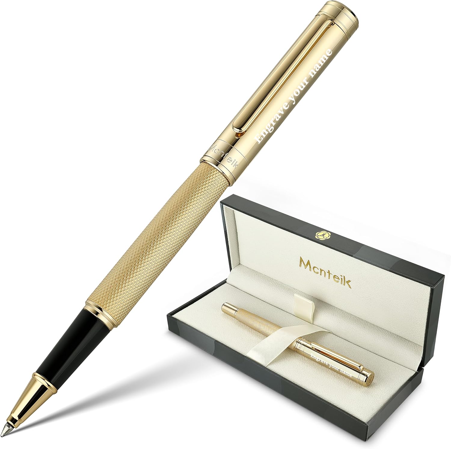 MCNTEIK Gold Personalized Rollerball Pen, Stunning Luxury Pen with Mesh Texture Design and 24K Gold Finish, Fancy Gift Set for Men & Women, Business Signature, Executive, Office,Fancy Designer Pens