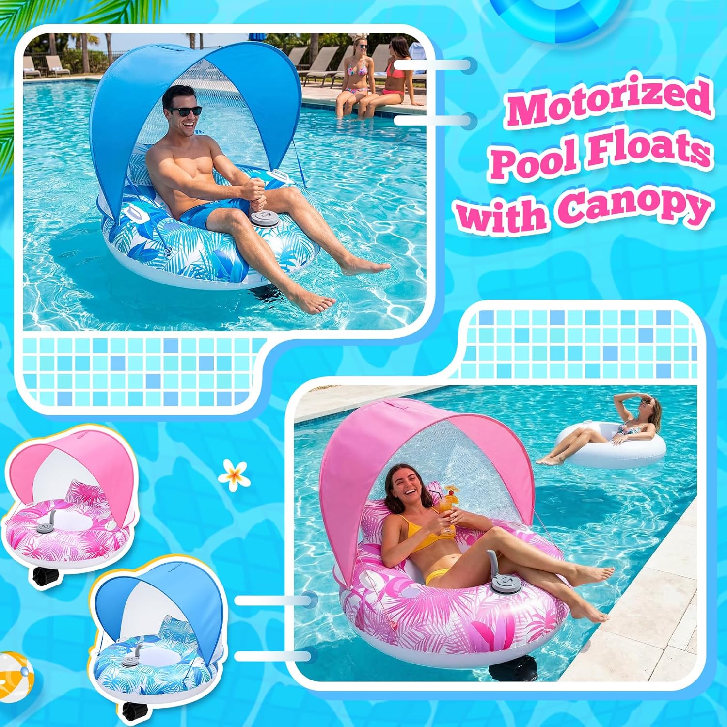ShinyRelief 2 Sets Inflatable Motorized Pool Float for Adults, Driving Pool Lounge with Pusher Handles cupholder Float Tanning Toys for Summer Swimming Water Beach(Blue Pink)