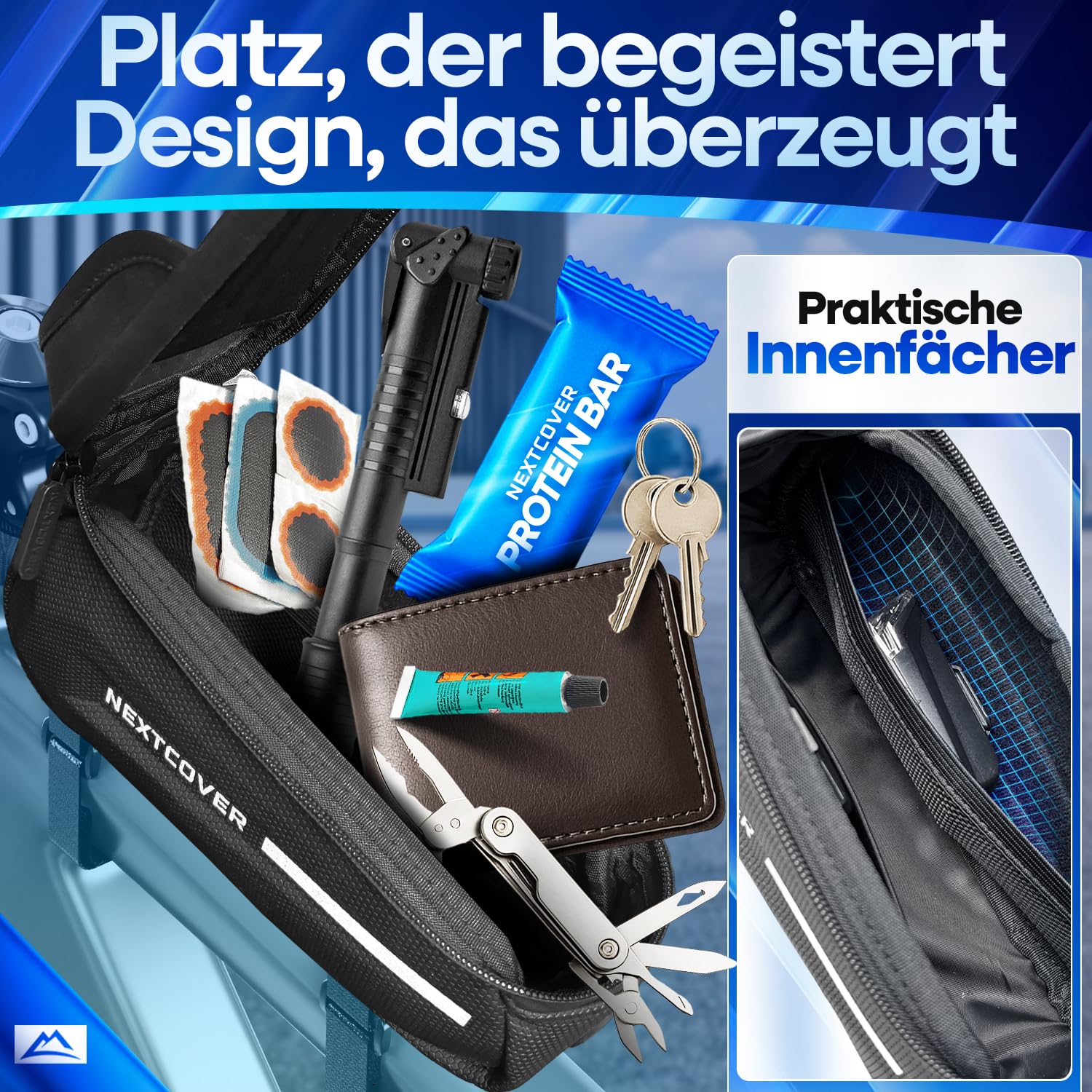 Nextcover® Rahmentasche Fahrrad mit Handytasche I Fahrrad Rahmentasche mit Touchscreen I Fahrradtasche Rahmen Wasserdicht, Oberrohrtasche Bikepacking - Ideal für E-Bike, MTB, Gravelbike, Rennrad
