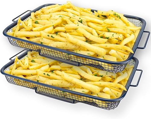 2-Piece Crisping Baskets | Oven & Air Fry Crisper Basket | Nesting Set | Toxin-Free | Non-Stick | Healthy Cooking 9"x 13", Blue
